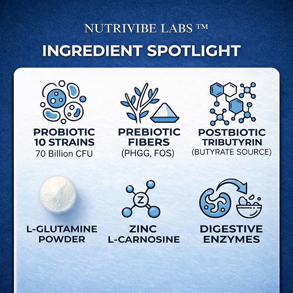 NUTRIVIBE LABS 6-in-1 Gut Health 70 Billion CFU Probiotics, Prebiotics, Postbiotics for Women & Men with Enzymes & L-Glutamine, Supports Digestive & Immune Health, 60 Capsules
