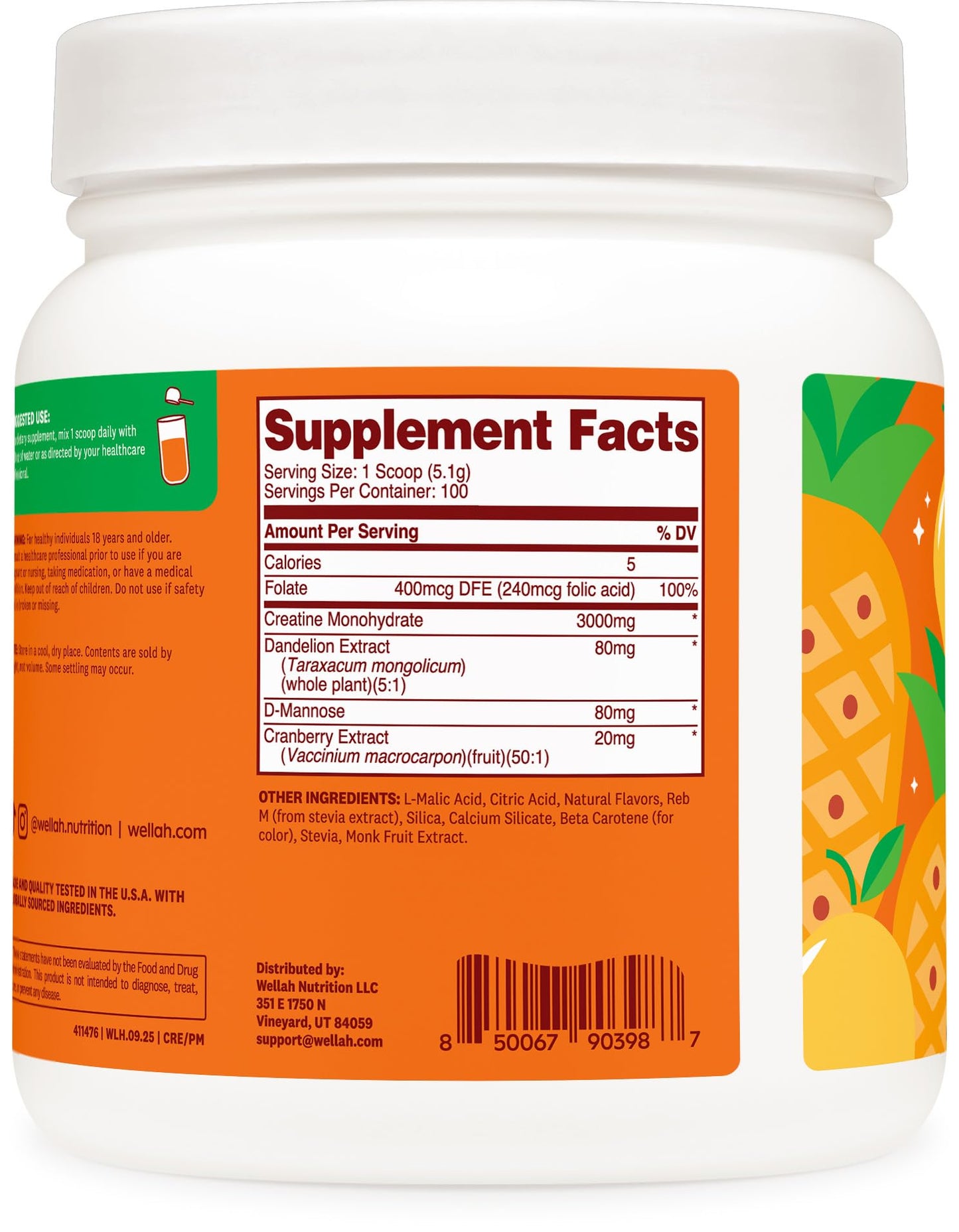 Wellah Creatine for Women - Creatine Monohydrate with Dandelion & Cranberry Extract Powder 18.6