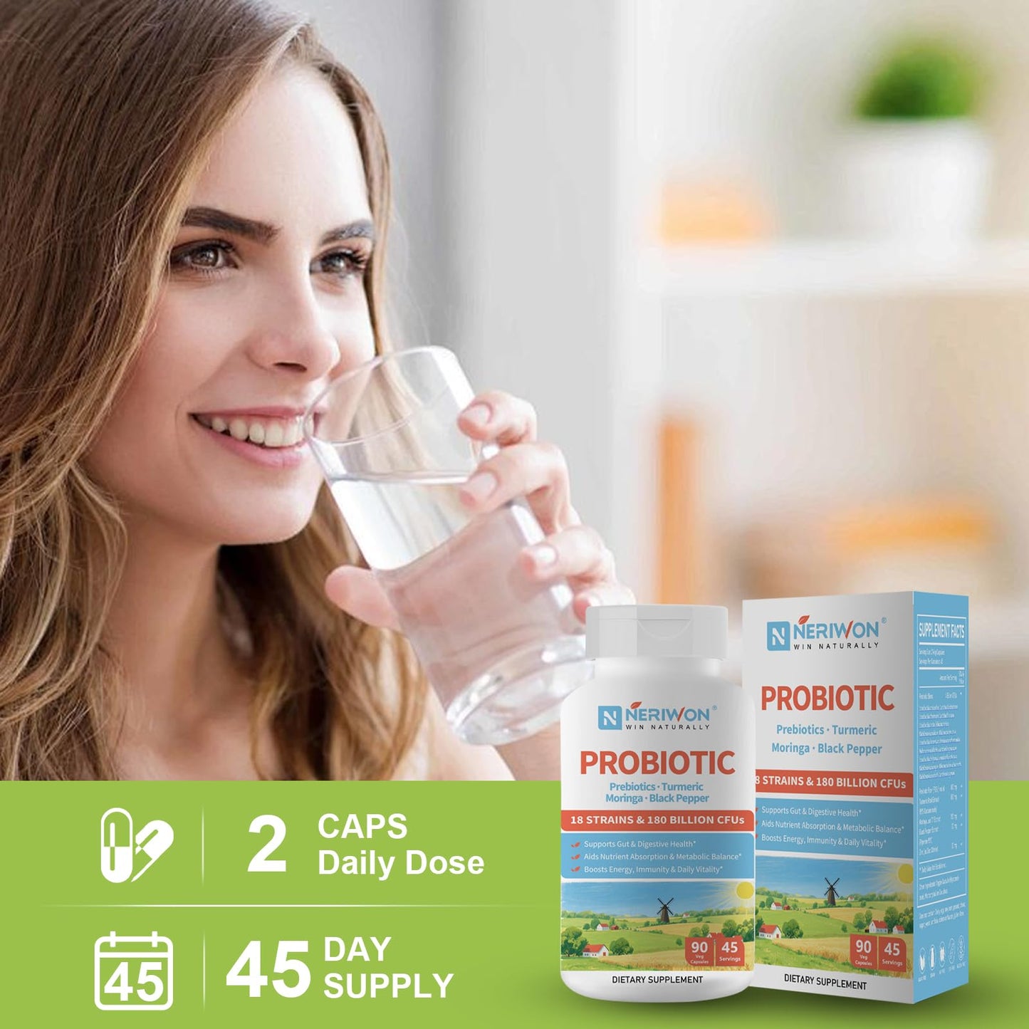 NERIWON Probiotics 180 Billion CFU 18 Strains for Women & Men, Digestive Health, Gas & Bloating Relief, Immune Support, Shelf Stable, Non-GMO, Gluten Free, Capsule, 90 Veggie Capsules