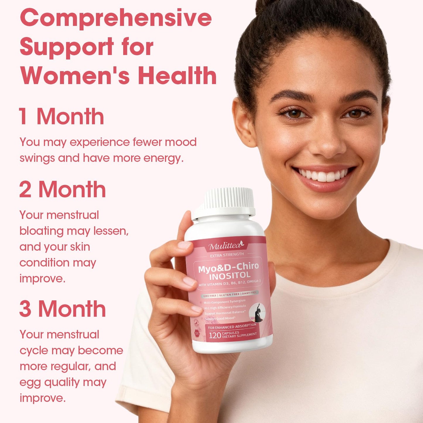 Mulittea Myo-Inositol & D-Chiro Inositol Supplement for Women, 14-in-1 Liposomal Inositol with Folic Acid, Omega-3 & Multivitamin for Hormone Balance, Support Ovarian, Skin & Mood, 120 Capsules