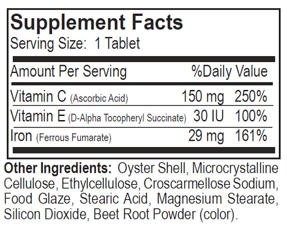 Hillestad Pharmaceuticals Iron with Vitamin C & E Tablets, 60 Tablets