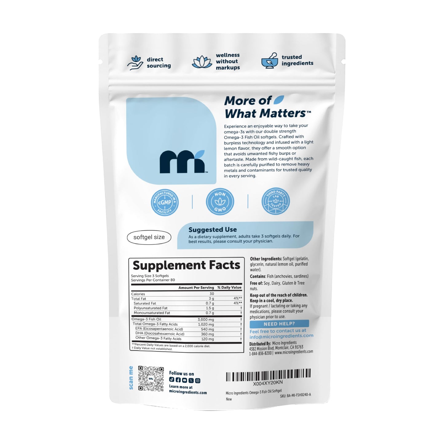 Micro Ingredients Omega-3 Fish Oil Supplements Softgels 240 Count