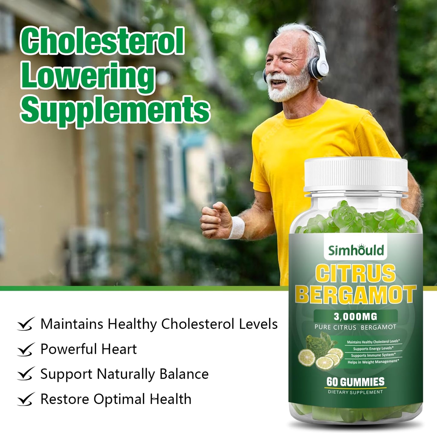 Simhould Citrus Bergamot Gummies 3000MG Citrus Bergamot Extract, Cholesterol Support, Immune Support, Anti-Aging, Vegan, 120 Gummies