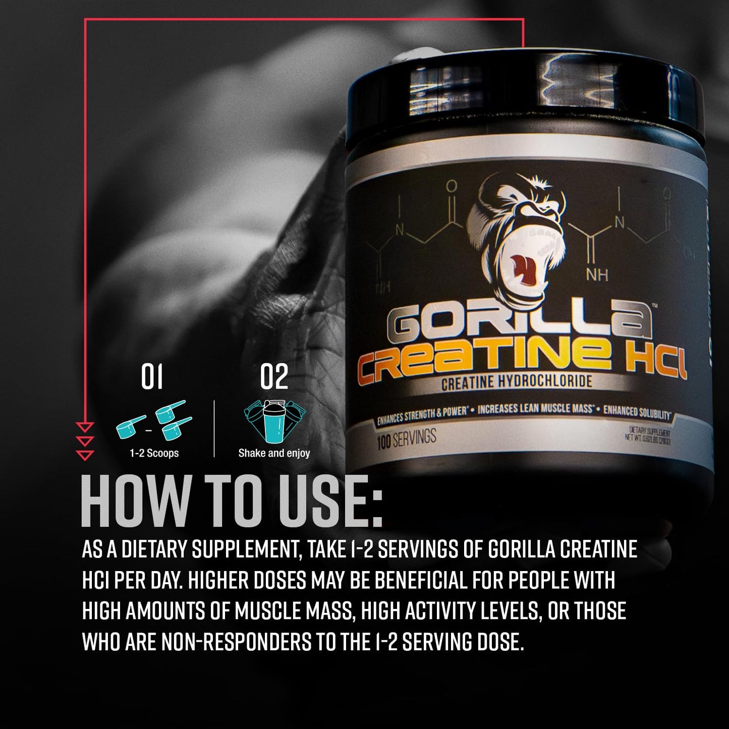 Gorilla Mind CON-CRĒT Creatine HCl W/Pepsin Unflavored Powder, 9.9 oz