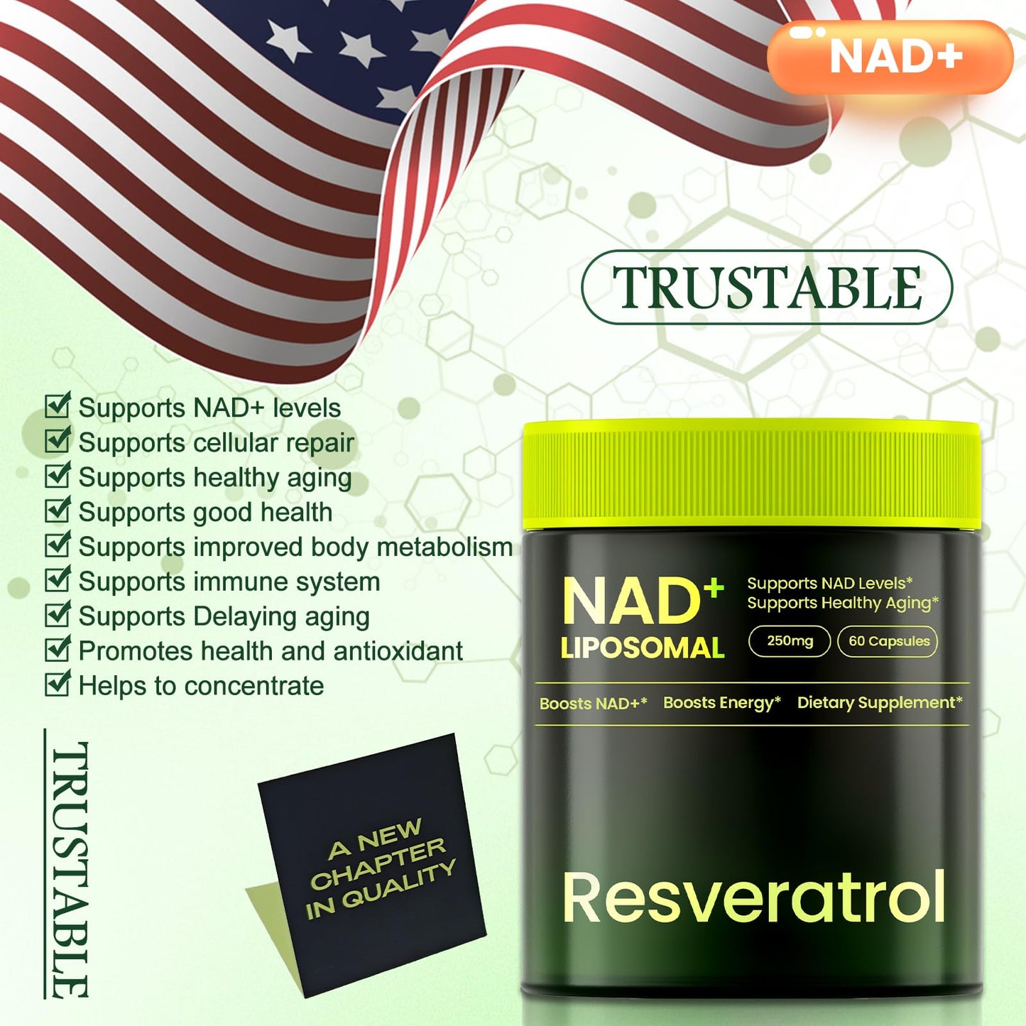 Lyndops NAD Supplement Liposomal Nicotinamide Riboside Resveratrol 250mg NMN Alternative, High Purity NAD for Women & Men, Anti-Aging, Cellular Energy, Mental Focus, 80 Capsules