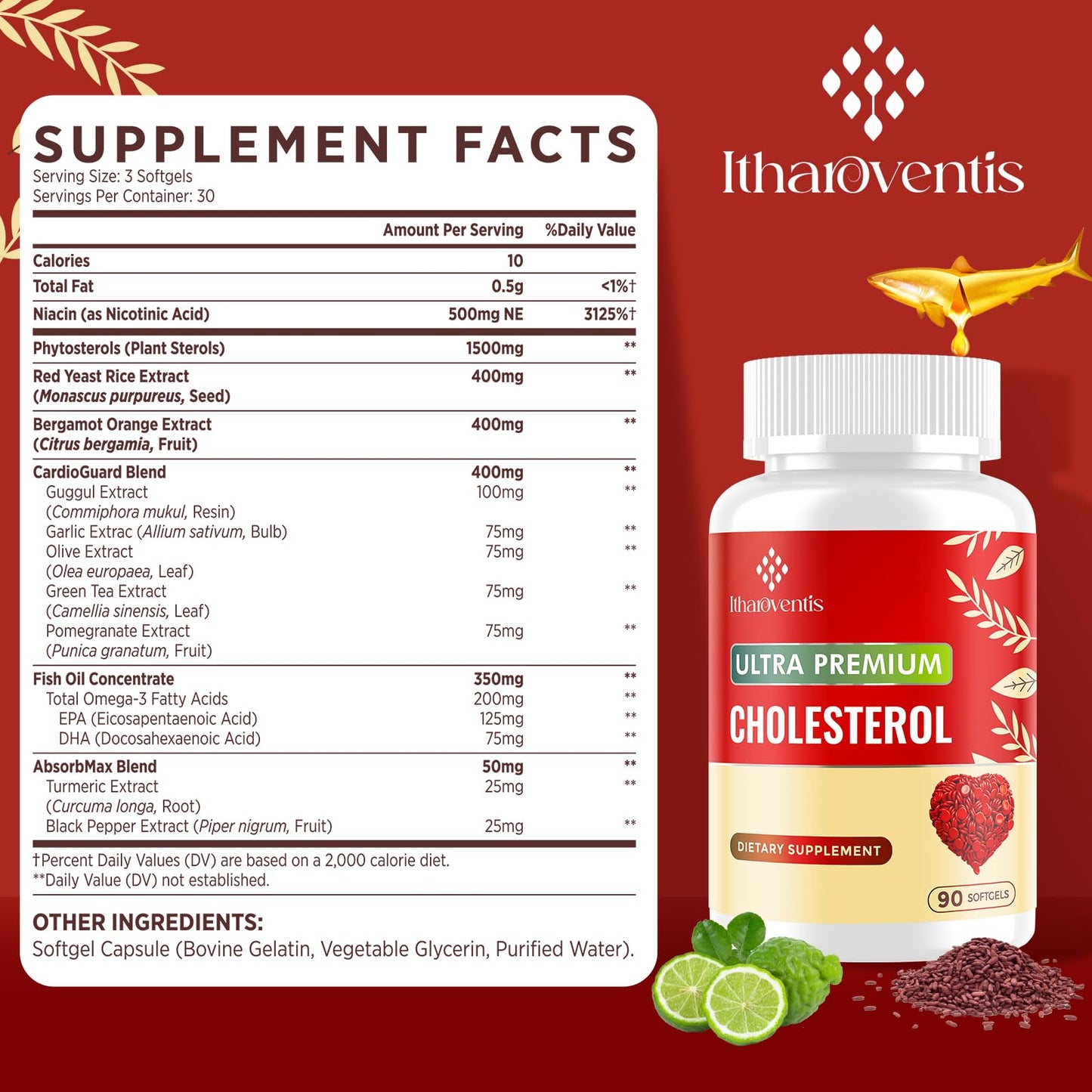 Itharoventis Cholesterol Lowering Supplements with Red Yeast Rice Softgels 90 Count