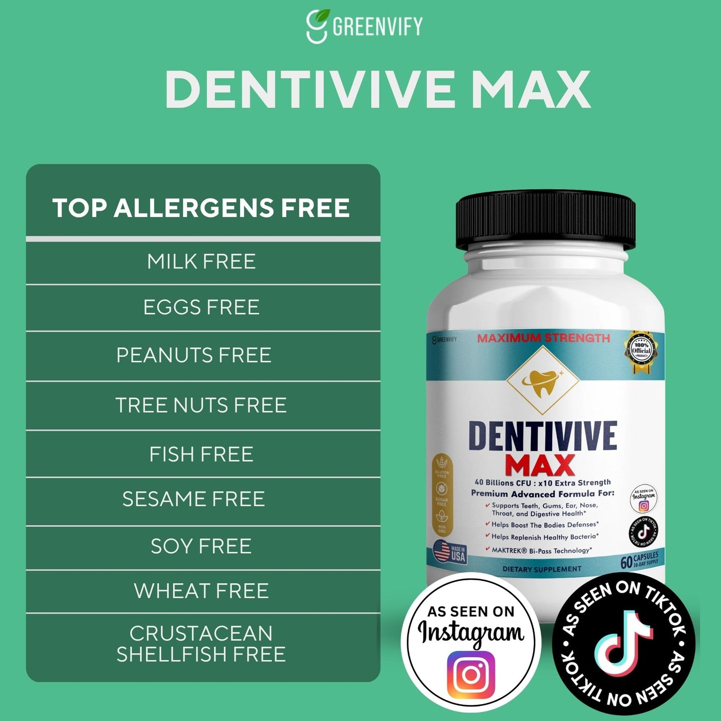 GREENVIFY DentiVive Max Probiotic Supplement 40 Billion CFU Capsule, 60 Capsules