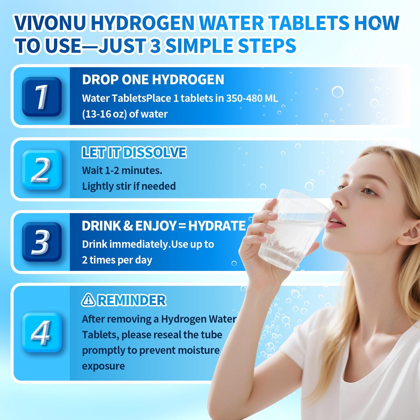 VivoNu Hydrogen Water Tablets with Electrolytes & Magnesium Complex, Vitamin C & D, 120 Tablets