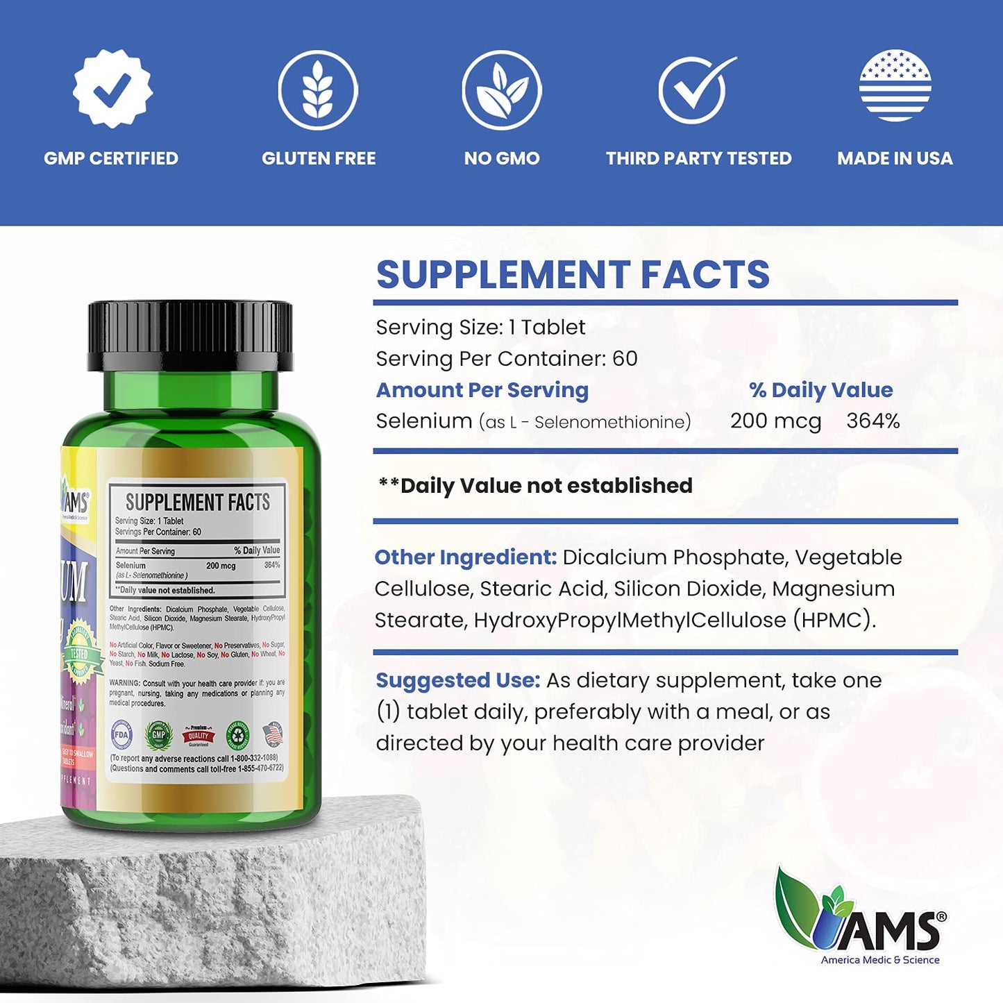 America Medic & Science Selenium 200 mcg Tablets 60 Count