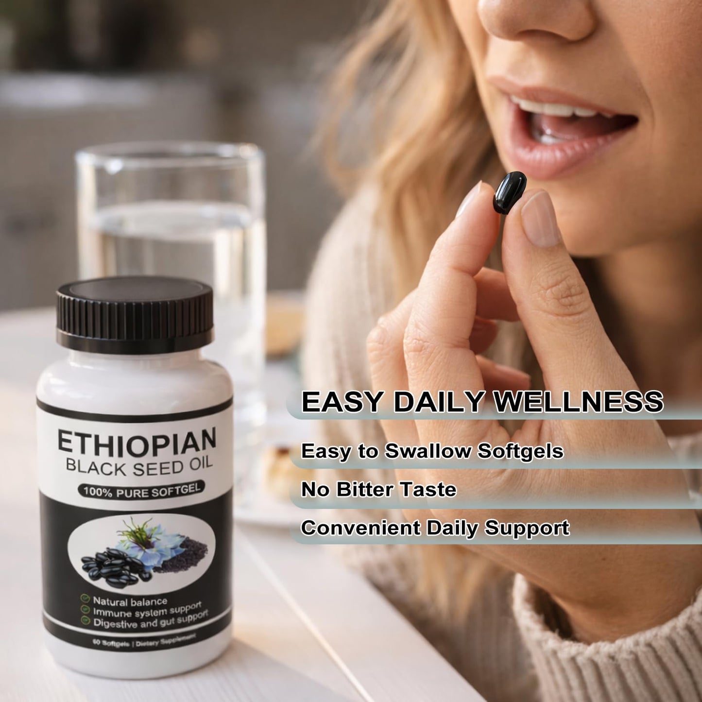 GraviGlow Ethiopian Black Seed Oil Softgels with 4.64% Thymoquinone, Organic Cold-Pressed Black Cumin Seed Oil, 1 Count