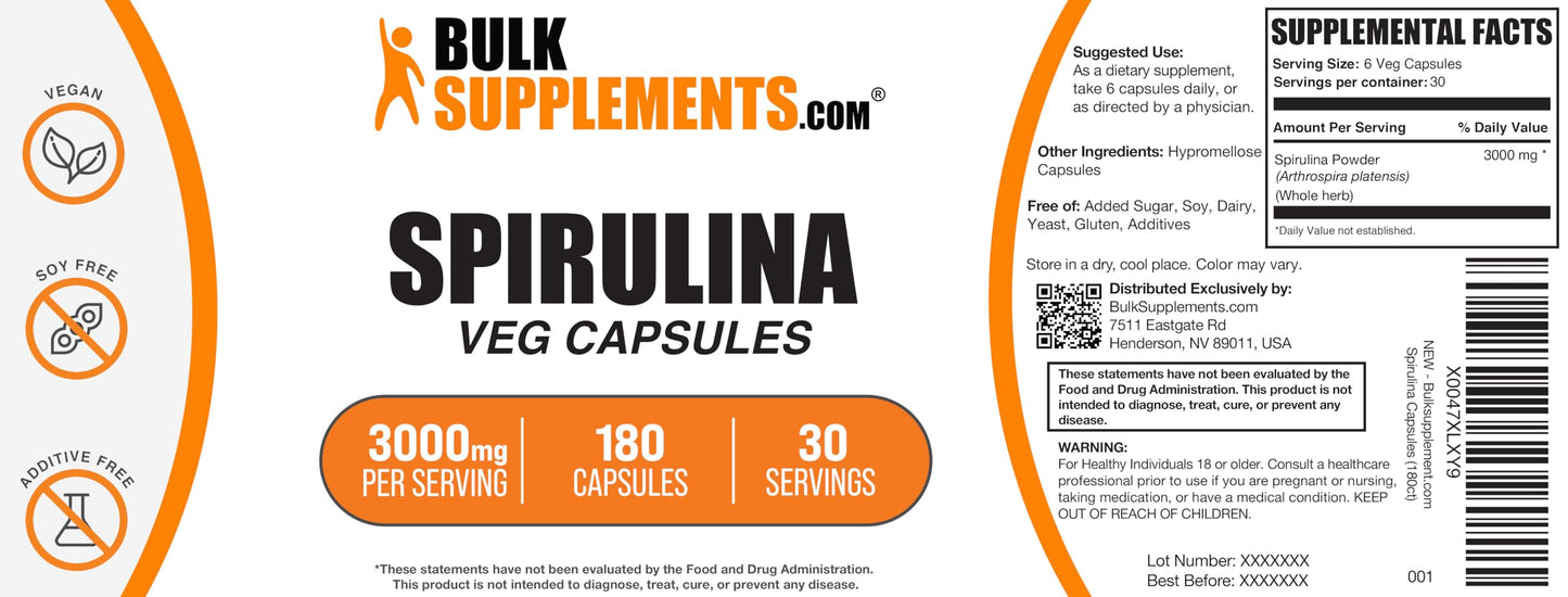 BulkSupplements Spirulina Capsules 180 Count