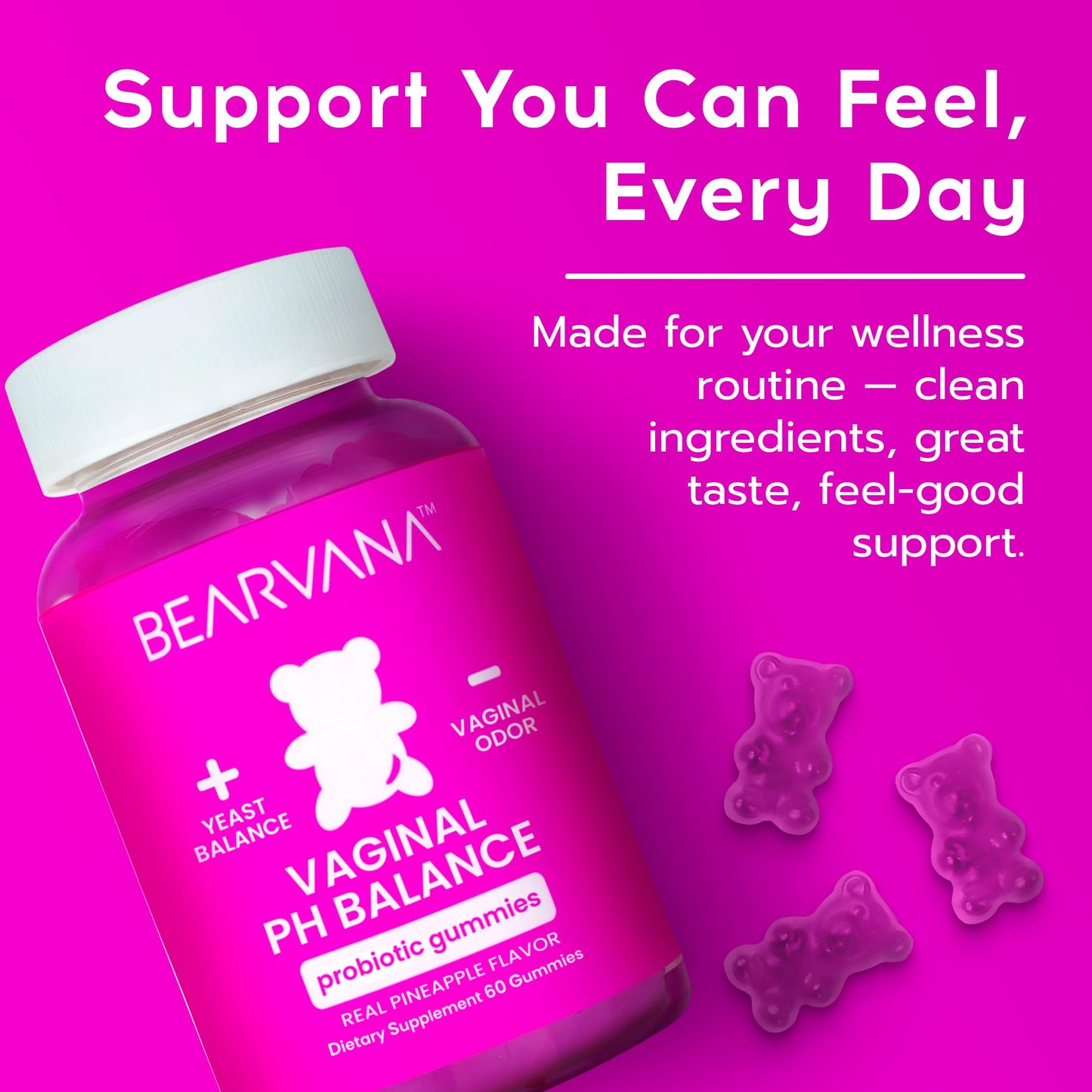 BEARVANA Vaginal pH Support & Probiotic Gummies for Women | Feminine Wellness & Intimate Care Supplement with Vitamin C | Pineapple Flavor | 60 Gummies