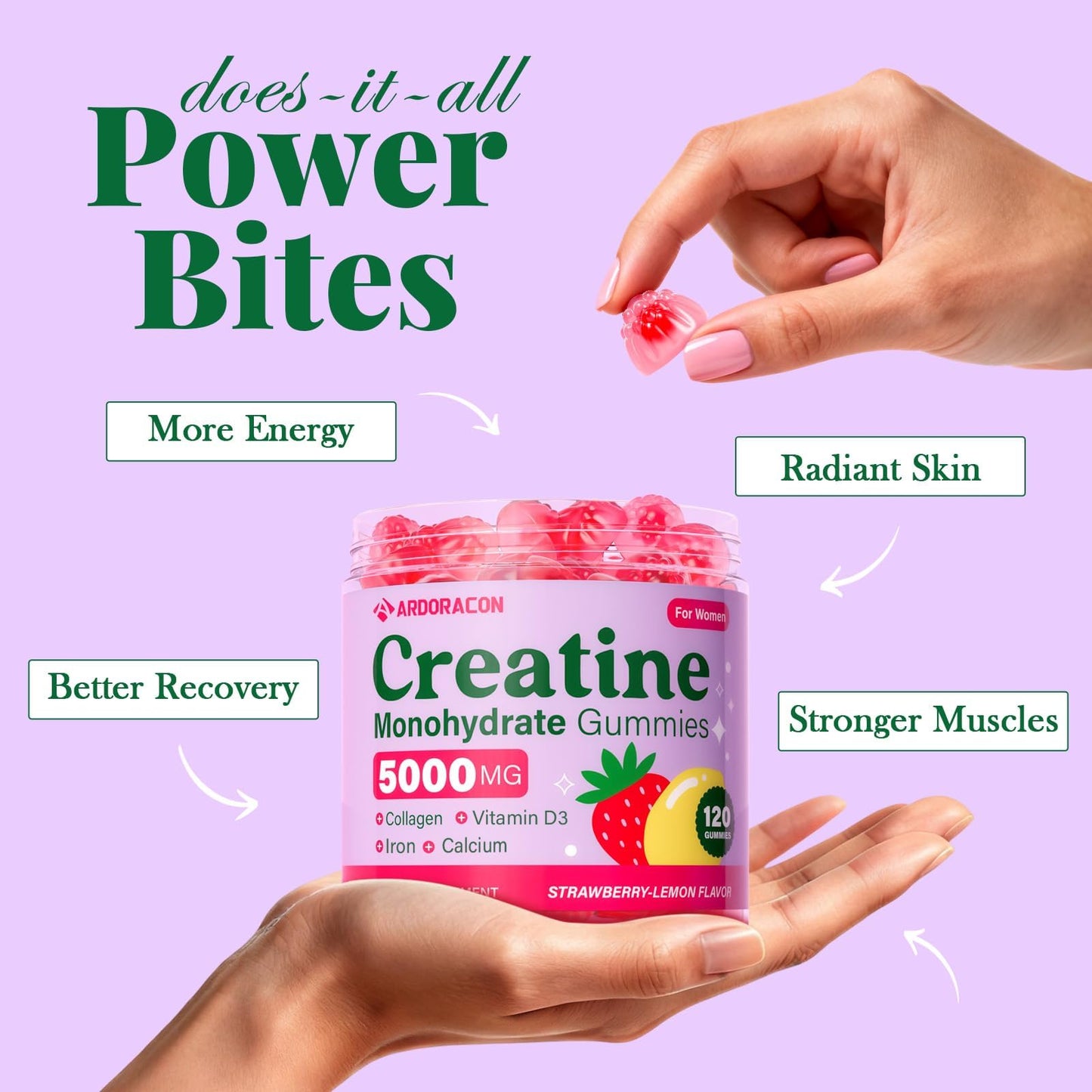 ARDORACON Creatine Monohydrate Gummies with Collagen, Vitamin D3 & Calcium, Sugar Free, 240 Gummies