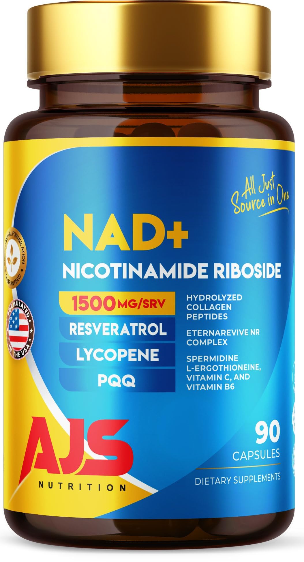 AJS Nutrition NAD+ Cellular Energy NR Supplement with PQQ, Resveratrol, Lycopene, Spermidine, L-Ergothioneine, and Collagen Peptides, 270 Capsules