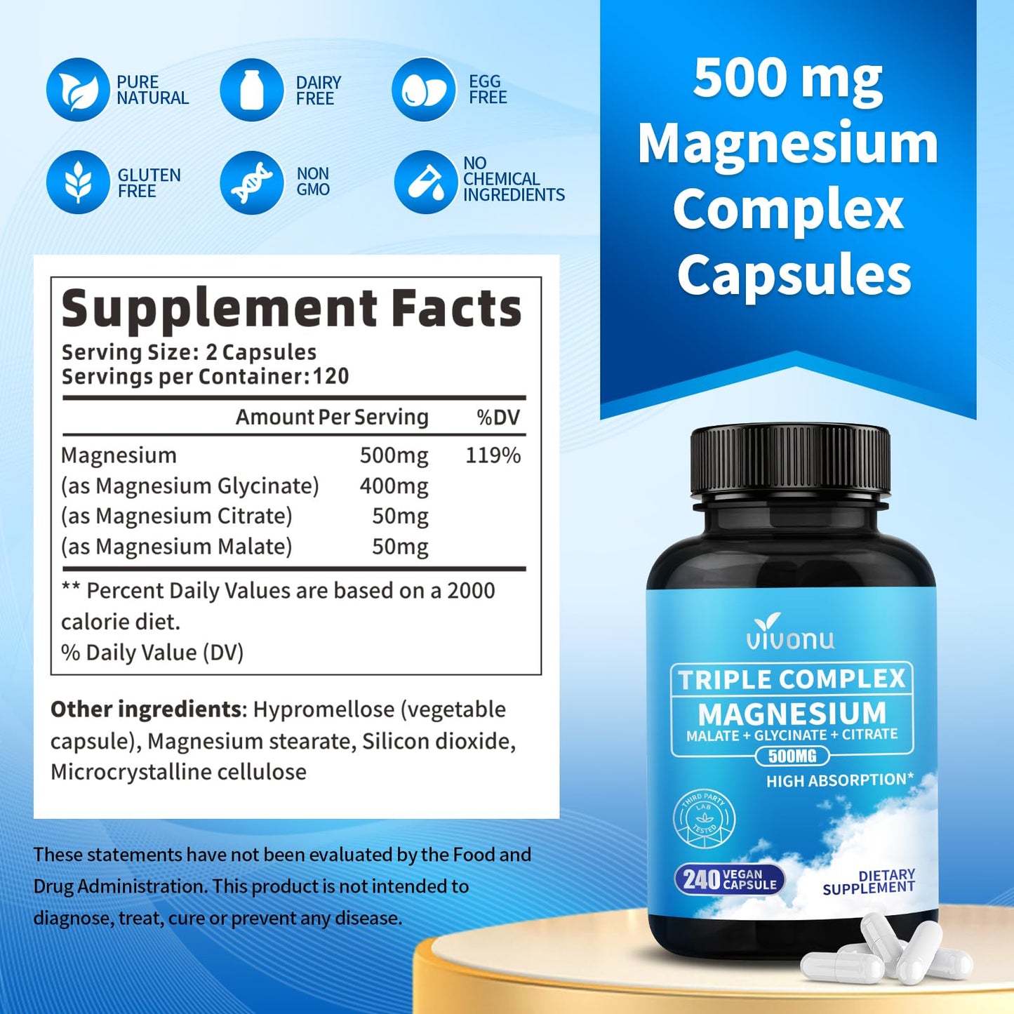 VivoNu Triple Magnesium Complex Capsules, 480 Capsules