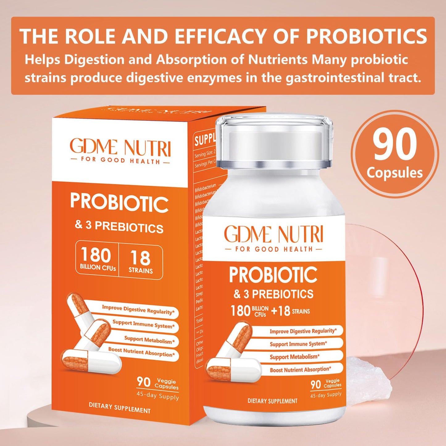 GDMENUTRI Probiotic Capsules, 180 Billion CFU, 18 Strains, 90 Count