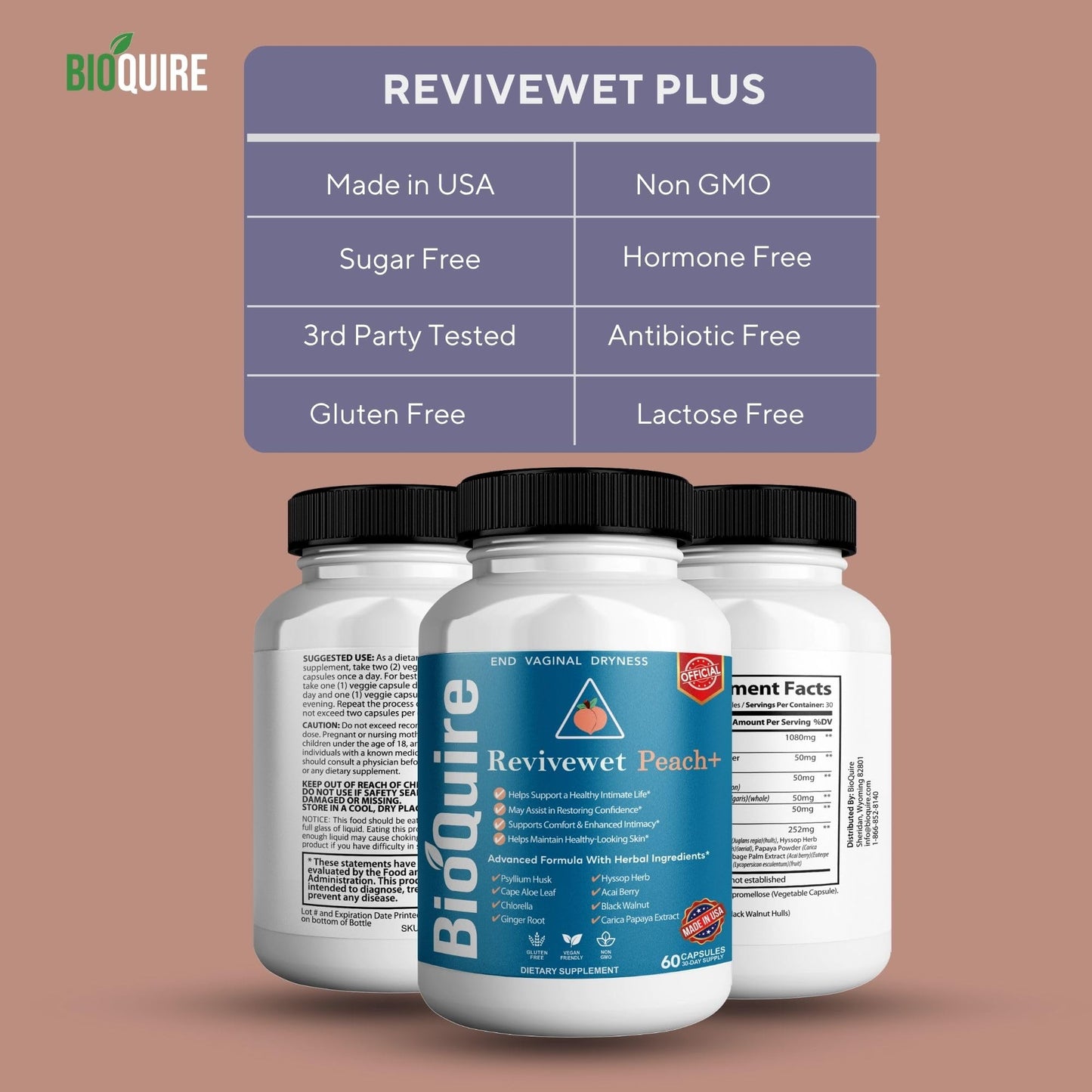 BIOQUIRE Revivewet Peach+ Vaginal Dryness Support Supplement, 60 Capsules