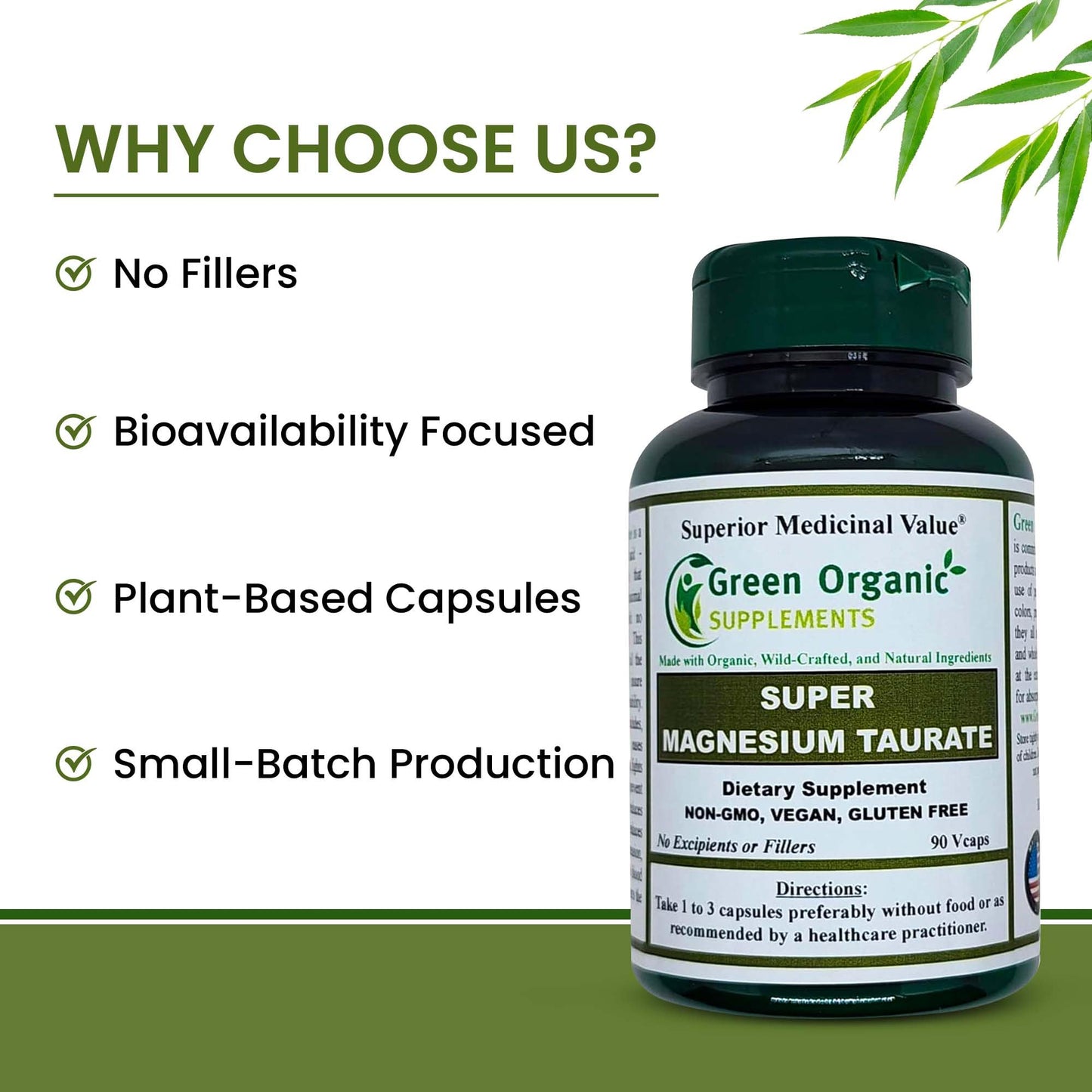 Green Organic Supplements Magnesium Taurate High Absorbable 90 Capsules