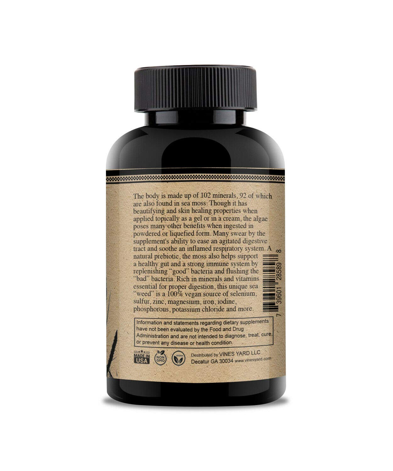 Vines Yard Sea Moss Herbal Supplement 1200mg Wild-Crafted Irish Moss Capsules, 50 Capsules