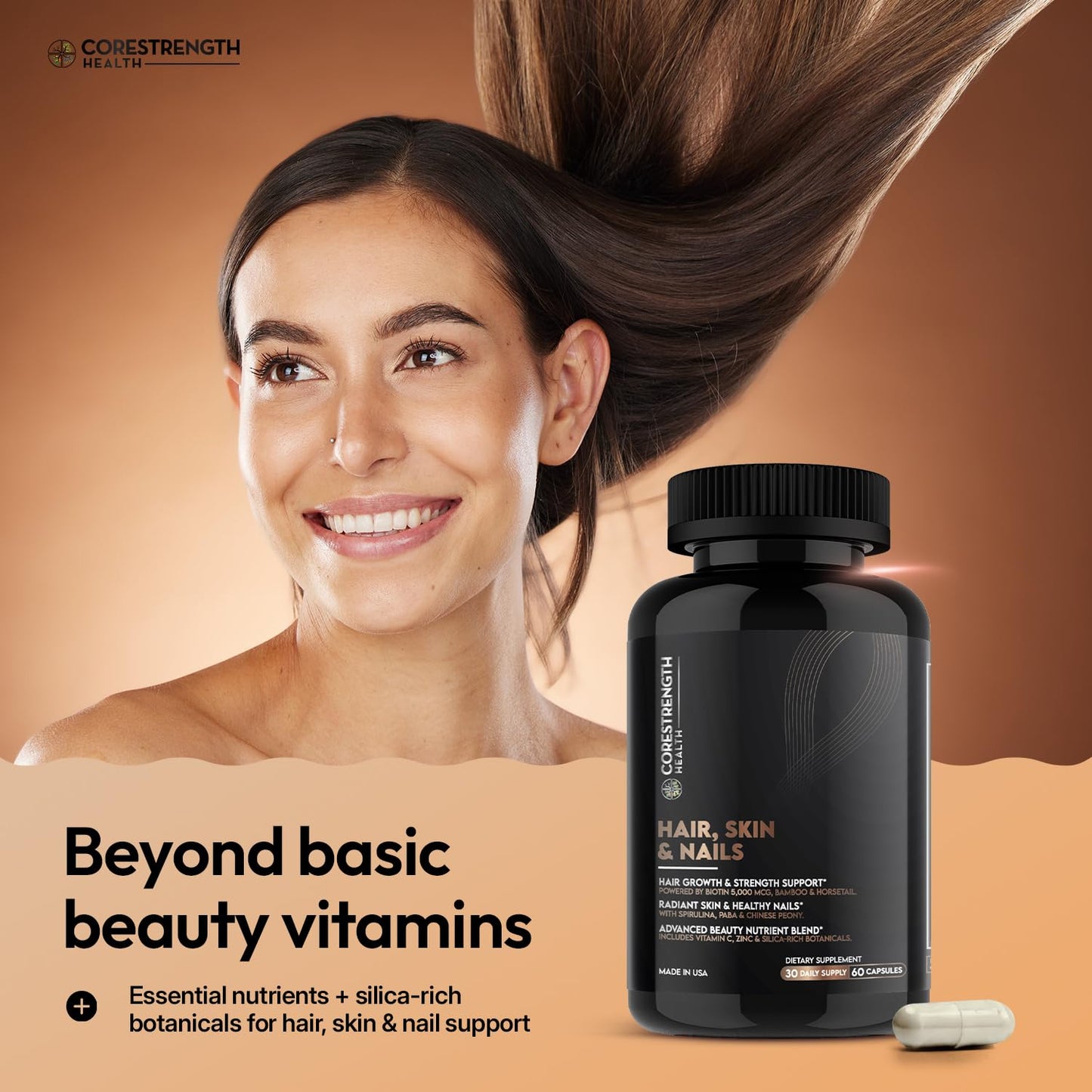 CoreStrength Health LLC Hair Skin and Nails Vitamins with Biotin 5000 mcg Capsules, 60 Count