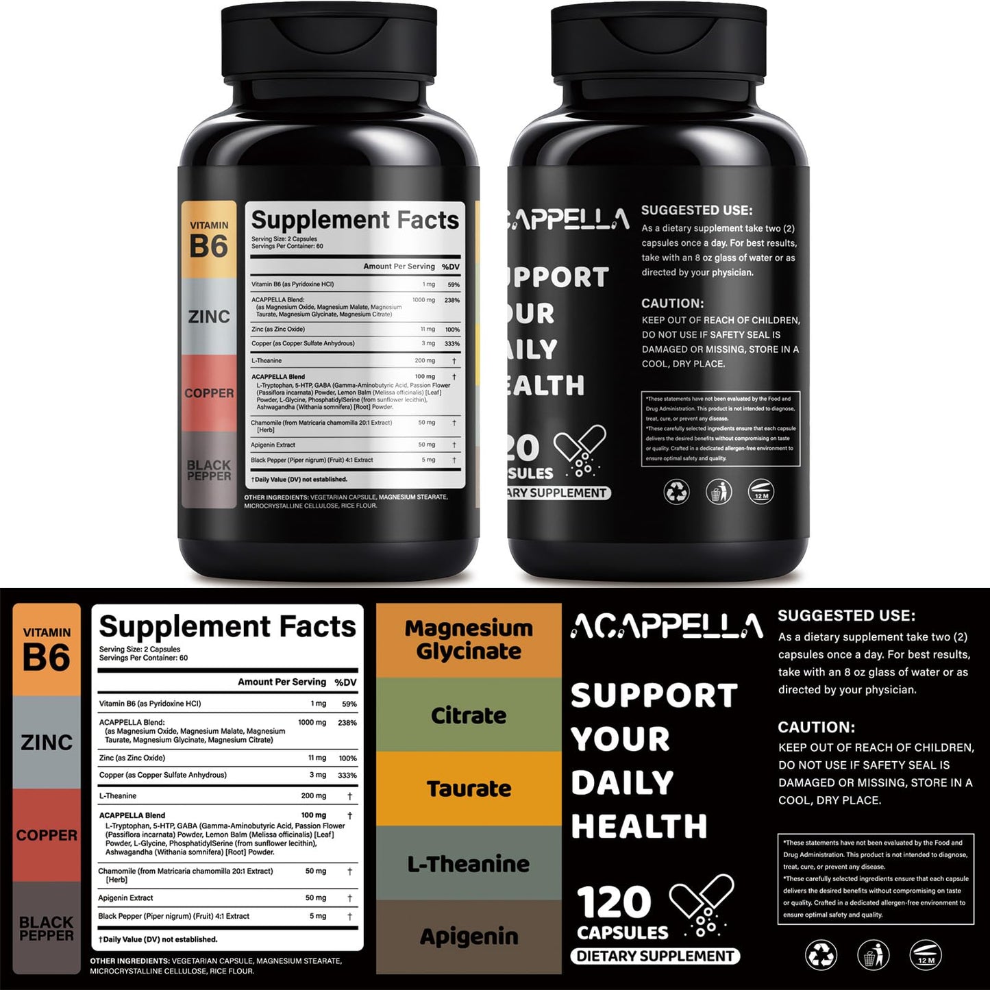 ACAPPELLA Magnesium Glycinate with Magnesium Citrate Capsules, 120 Capsules