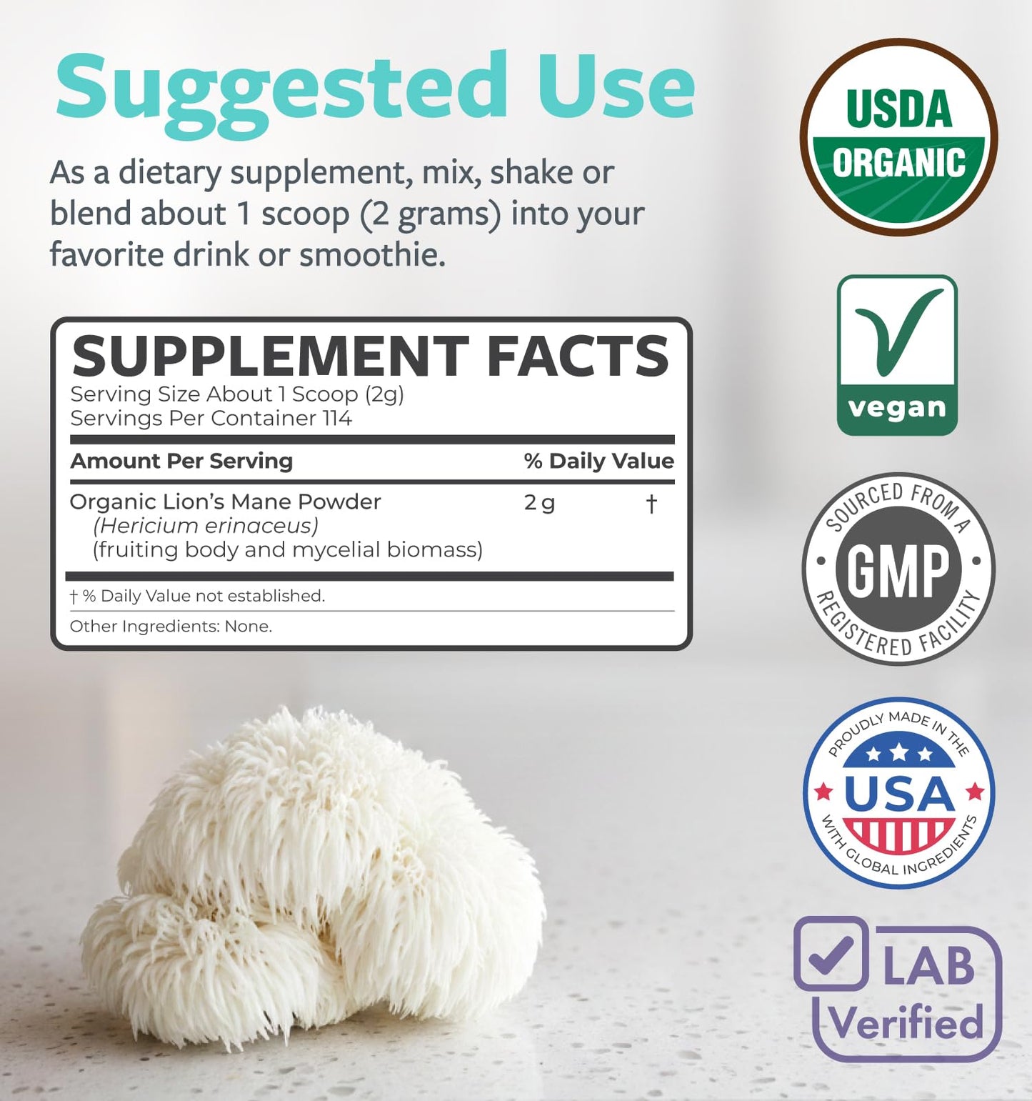 PURE CO Lion's Mane Powder 8 Ounce
