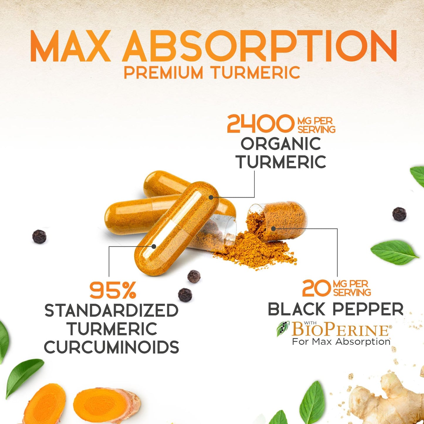 Health Nutrition Naturals Turmeric Curcumin Supplement 2600mg 95% Curcuminoids with Organic Turmeric & BioPerine for Best Absorption, Vegan Joint Support, Non-GMO, 120 Capsules