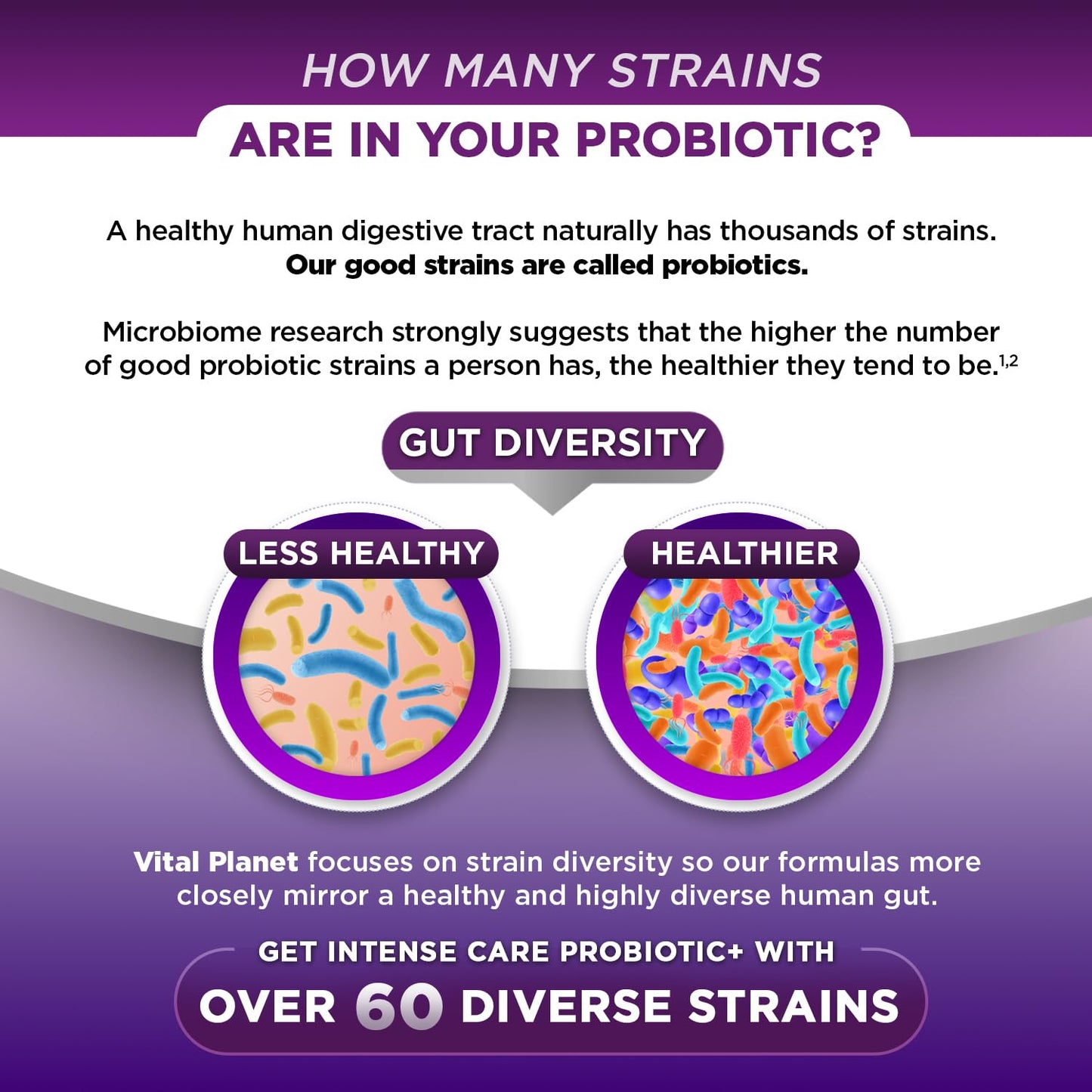 Vital Planet Intense Care Bowel and Diarrhea Probiotic Supplement with Organic Prebiotics, Postbiotics, and Parabiotics, Lactobacillus Rhamnosus and Saccharomyces, 65 Billion CFU, 64 Strains, 30 Capsules