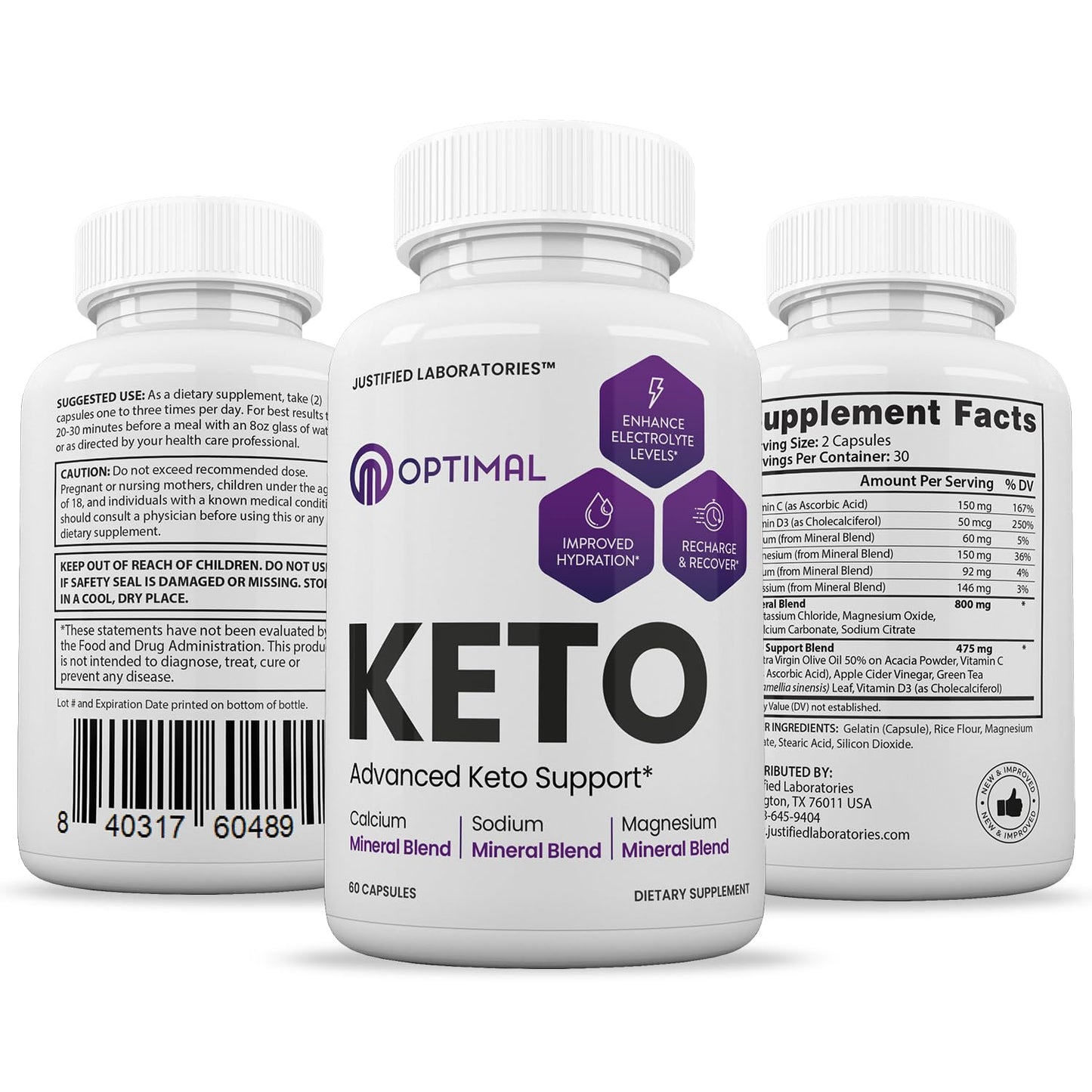 Justified Laboratories Optimal Keto Pills 1275mg Capsules, 60 Count