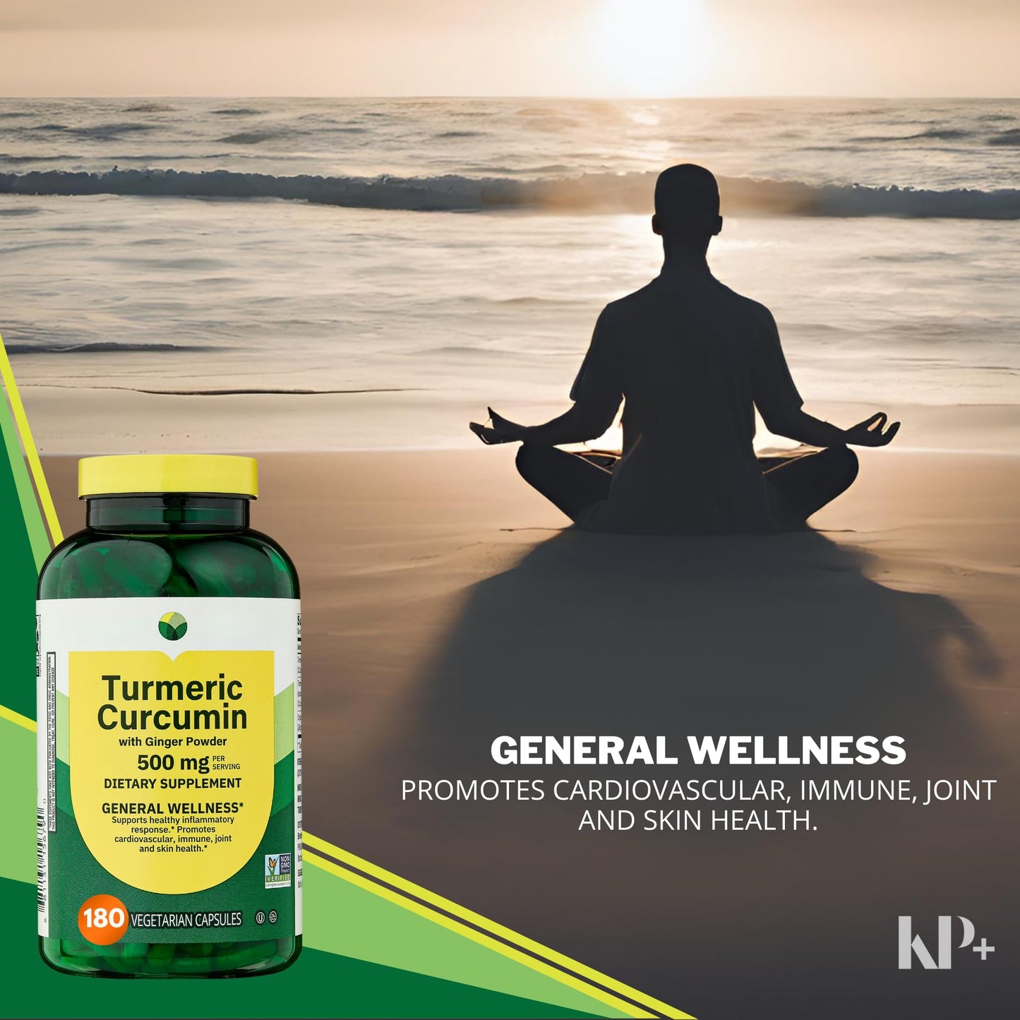 KP+ Turmeric Curcumin with Ginger Powder 500 mg Capsules 180 Count