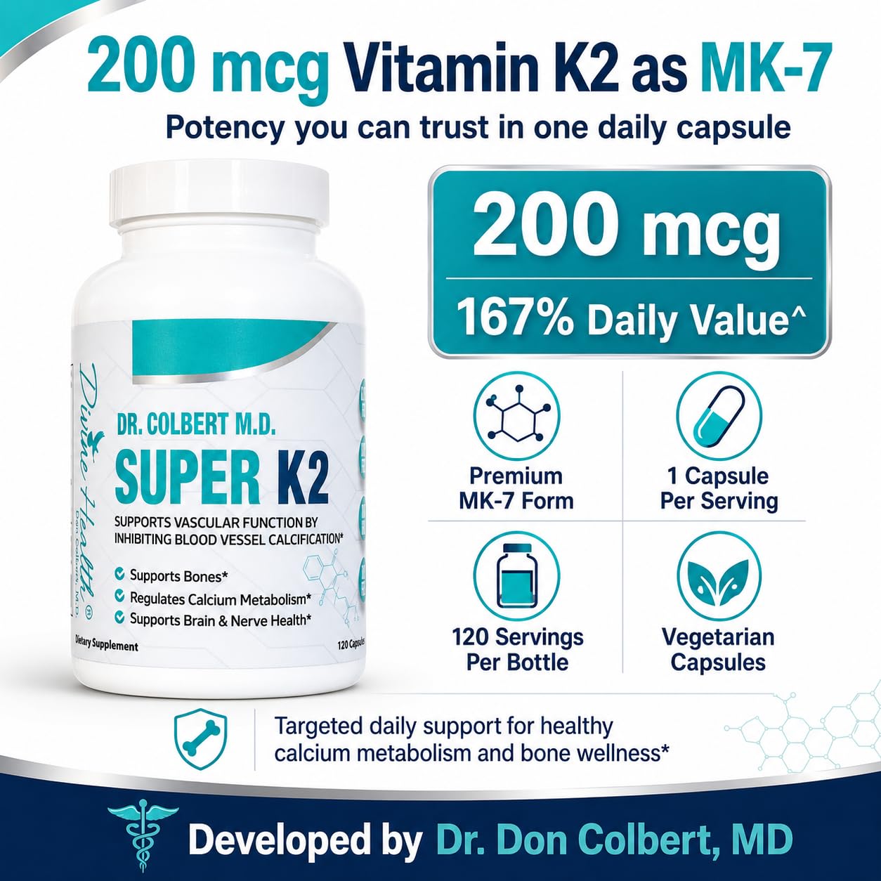 Divine Health Super K2 MK-7 Vitamin K2 200mcg, 120 Capsules