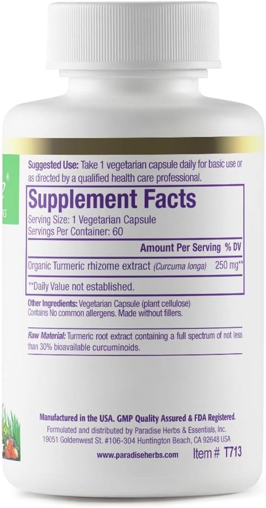 Paradise Herbs Organic Turmeric Rhizome Extract Capsule, 60 Count