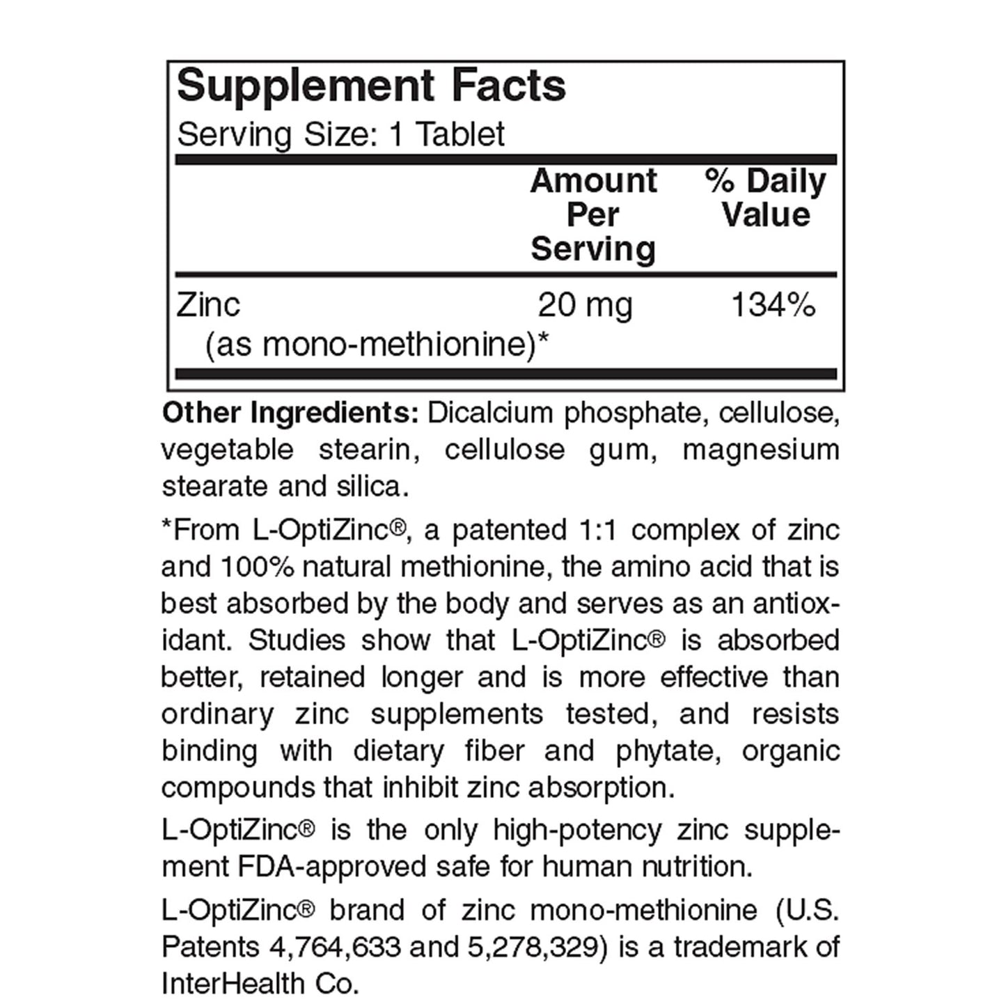 Holly Hill Health Foods Zinc 20 mg Tablets, 250 Tablets