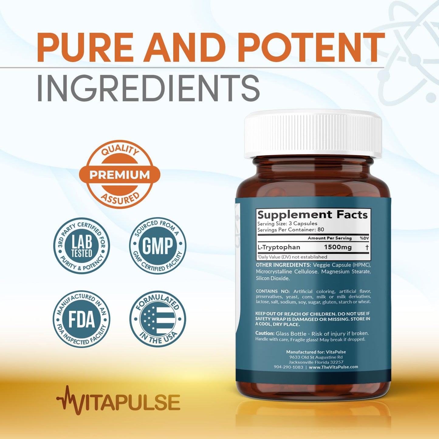VitaPulse L-Tryptophan Supplement 1500mg, 240 Capsules