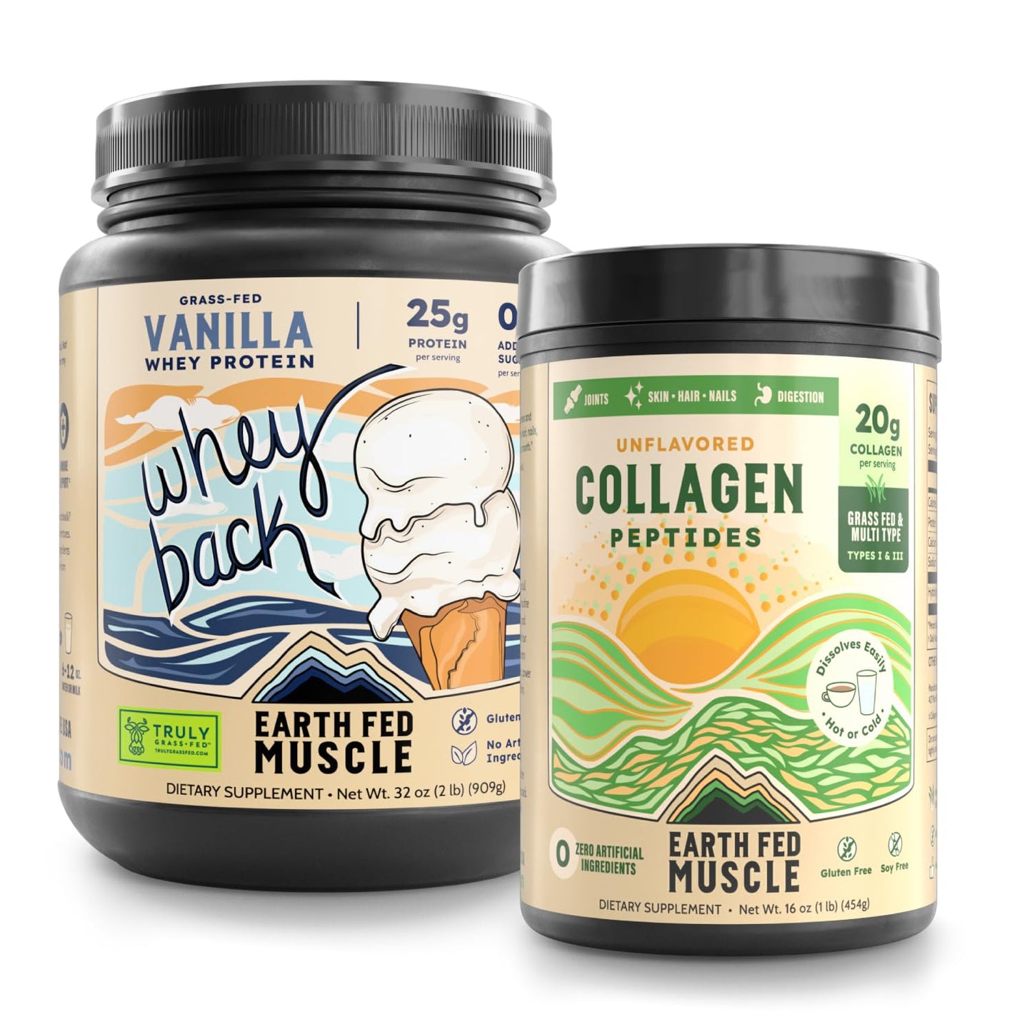 Earth Fed Muscle Vanilla Grass-Fed Whey + Unflavored Collagen Peptides Powder Bundle, 48 Servings