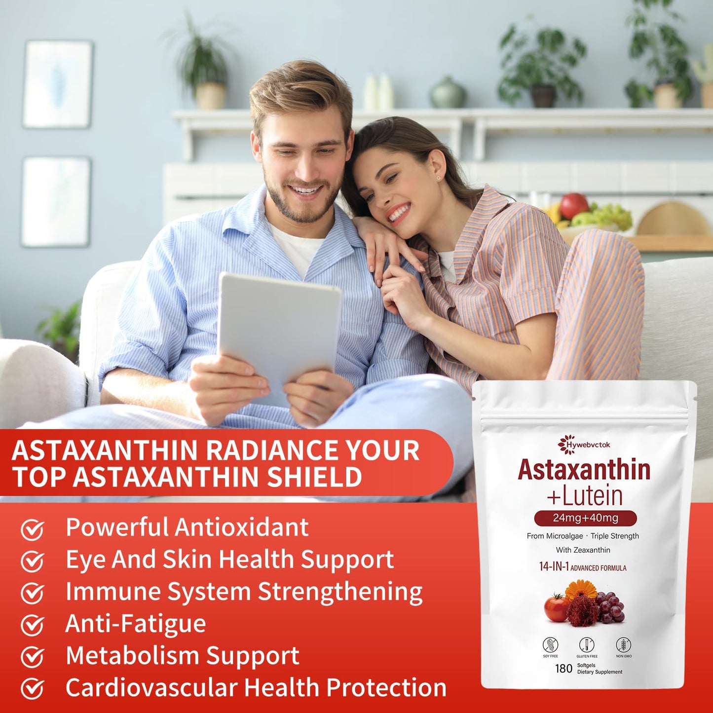 Hywebvctok 14-in-1 Astaxanthin with Lutein & Zeaxanthin (24mg/40mg), Fresh Microalgae Source, Non-GMO, Eye & Skin Health, 180 Softgels