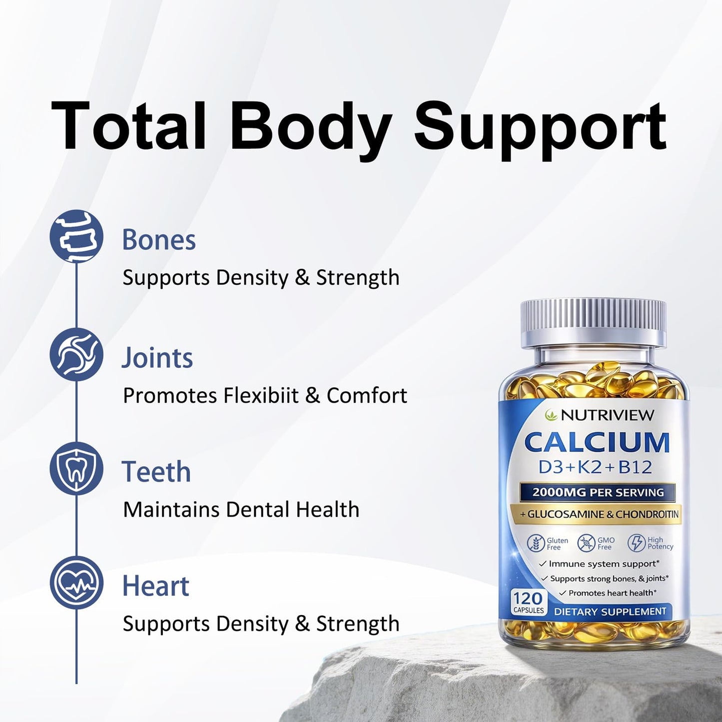 Uagain NutriView Calcium 2000mg with D3 & K2 High Absorption Bone Health Supplement for Women Softgels, 120 Count
