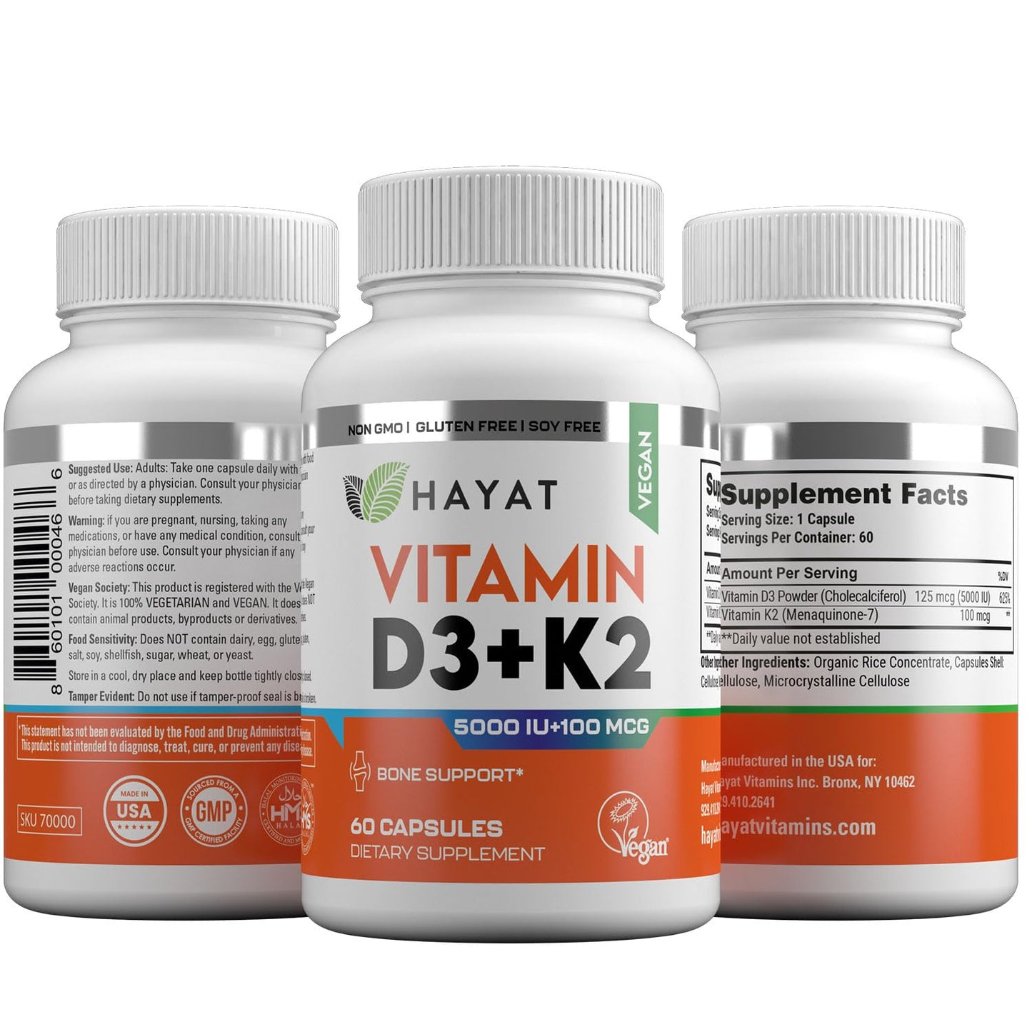 HAYAT Vegan Vitamin D3+K2 Tablets, 60 Tablets