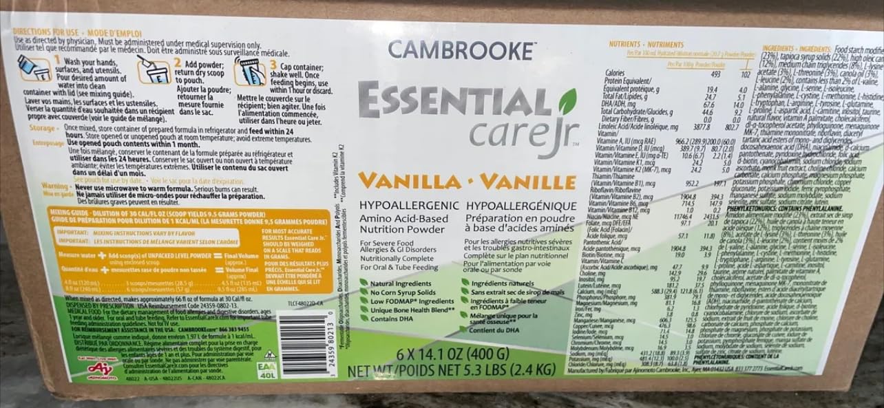 Cambrooke Essential Care JR Unflavored Hypoallergenic Amino Acid-Based Nutrition Powder, 6-Pack