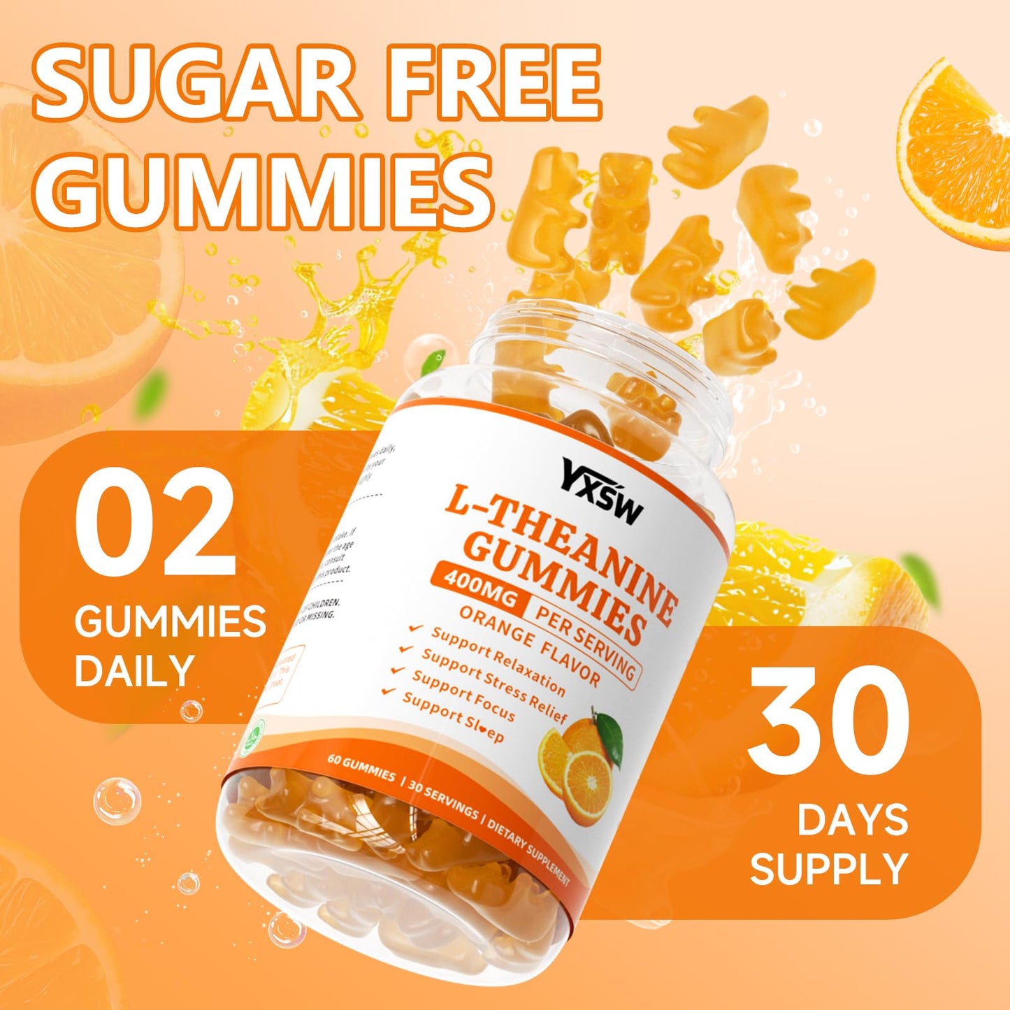 YXSW L-Theanine Gummies 400mg with Ashwagandha, GABA, 5HTP, Orange Flavor, 120 Count