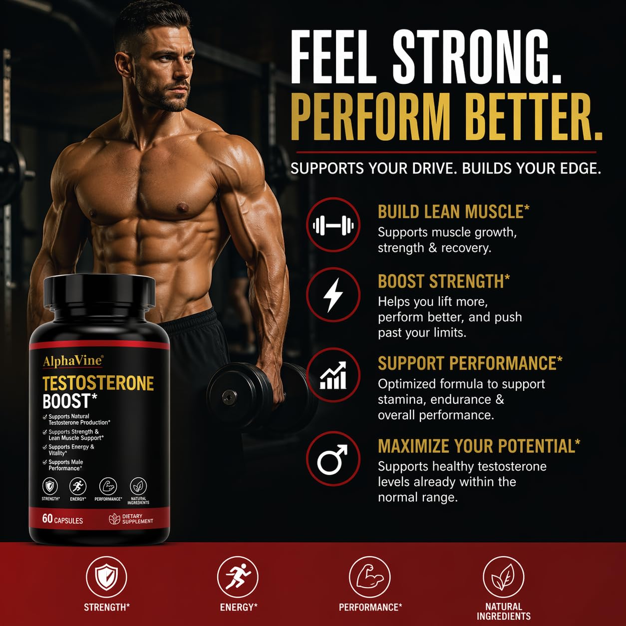 ALPHAVINE Testosterone Booster for Men, Horny Goat Weed, Tongkat Ali and Saw Palmetto, 60 Capsules