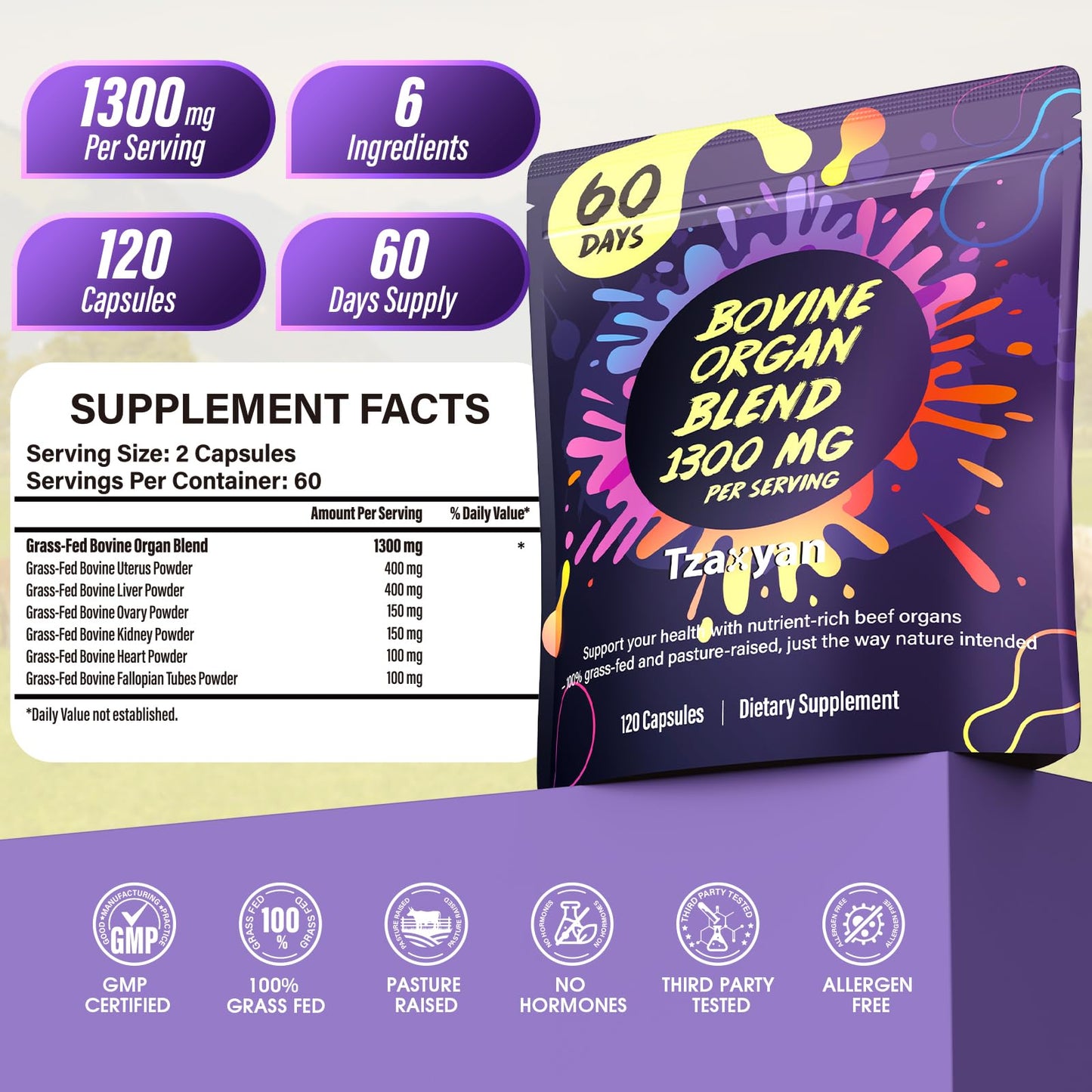 tzaxyan 1300MG Beef Organ Supplement for Women, 100% Grass Fed Beef Liver, Uterus, Ovary & 3 More, Bovine Organ Capsules, 120 Capsules