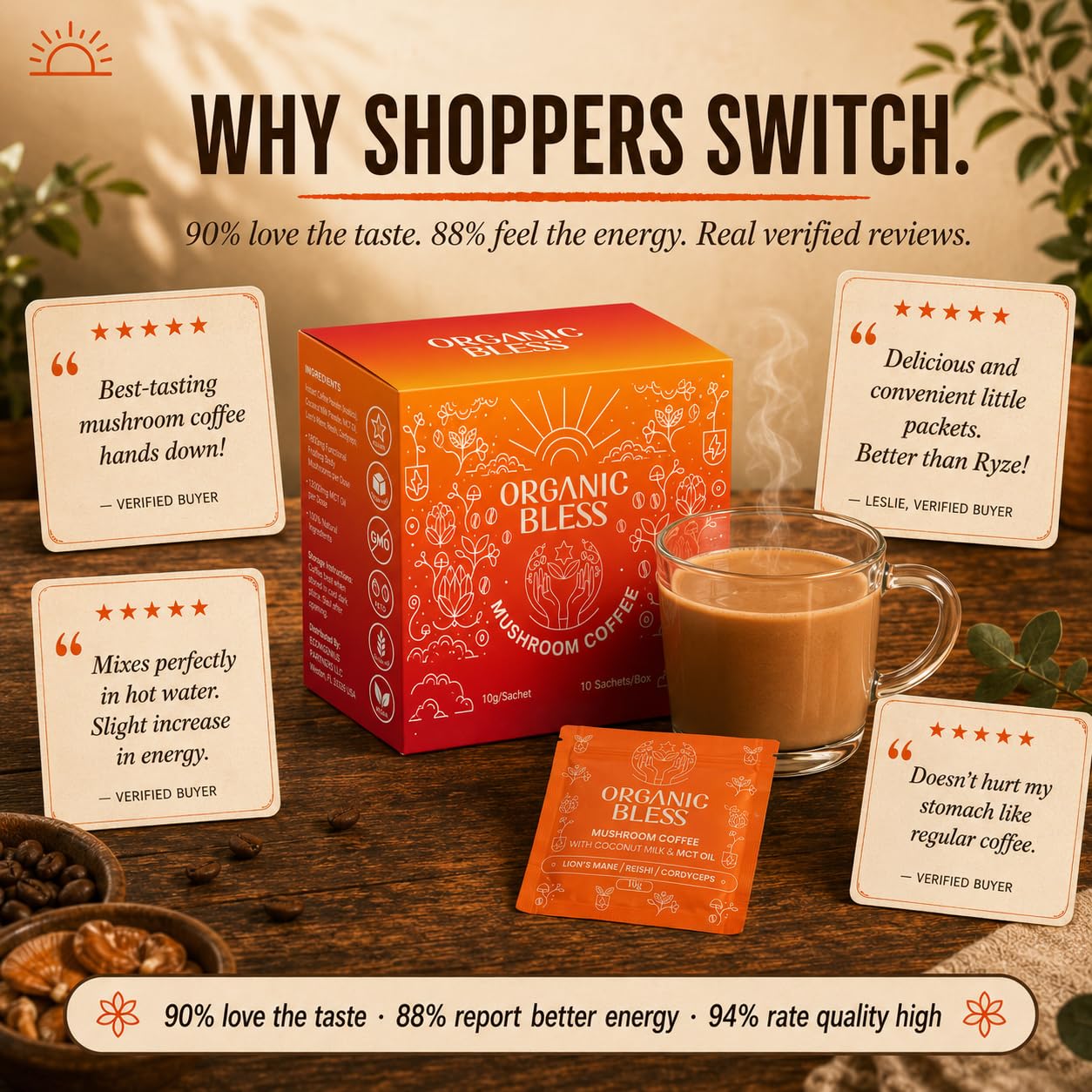 Organic Bless Mushroom Coffee Instant Packets Powder 3.52 oz