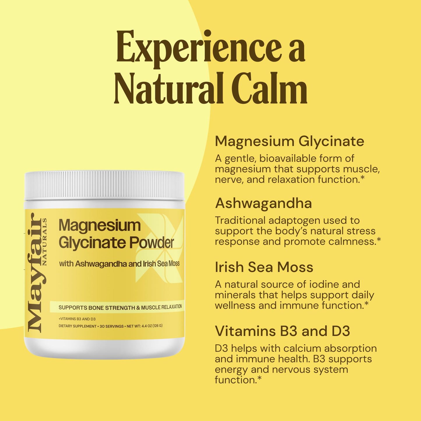 Mayfair Naturals Magnesium Glycinate Supplement Powder, 4.4 oz