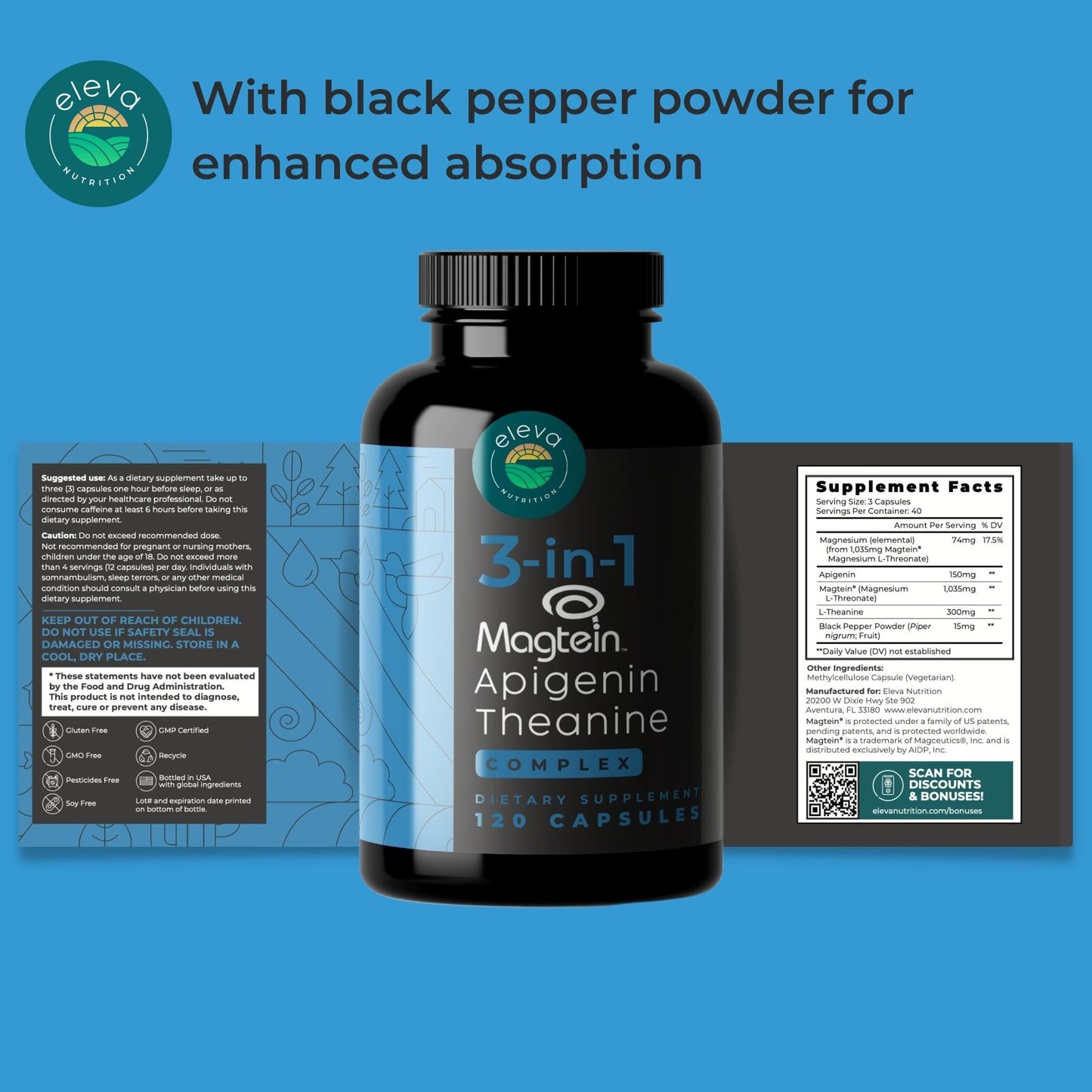 Eleva Nutrition Magnesium Theanine L-Threonate Apigenin Sleep Aid 3-in-1 Complex Capsules 120 Count
