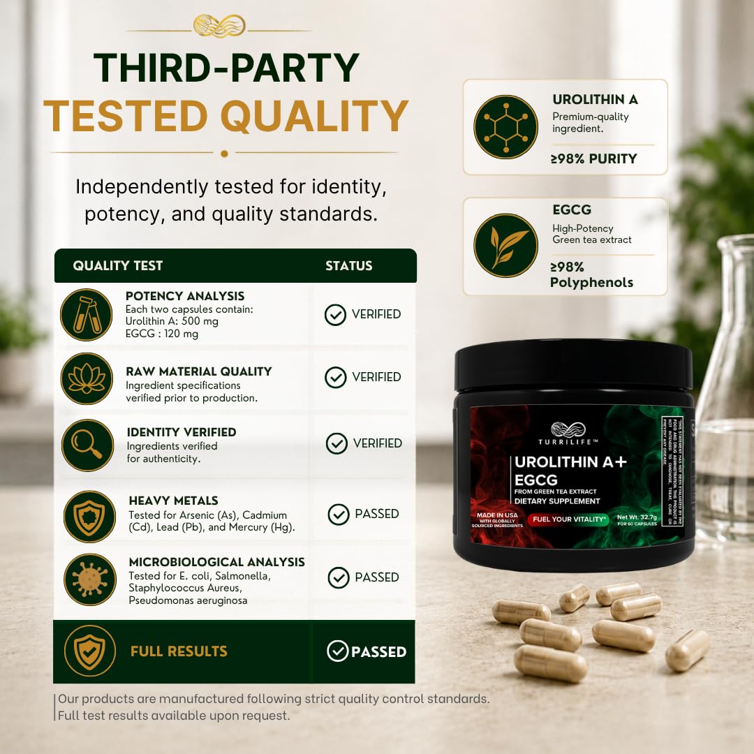 TURRILIFE Premium Urolithin A (≥98% Purity) + High-Potency EGCG from Green Tea Extract (≥98% Polyphenols) – Daily Wellness Formula – Vegan Capsules – 60 Count