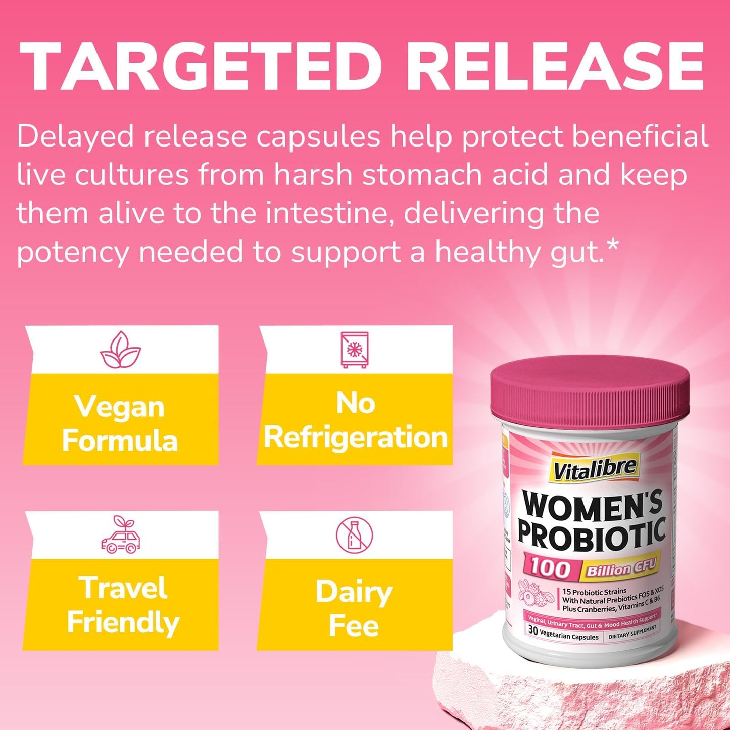 Vitalibre Probiotics for Women 100 Billion CFU 15 Strains Daily Probiotic & Prebiotic Supplement with Organic Cranberry to Support Vaginal, Digestive, Immune Health, Shelf Stable, 30 Capsules