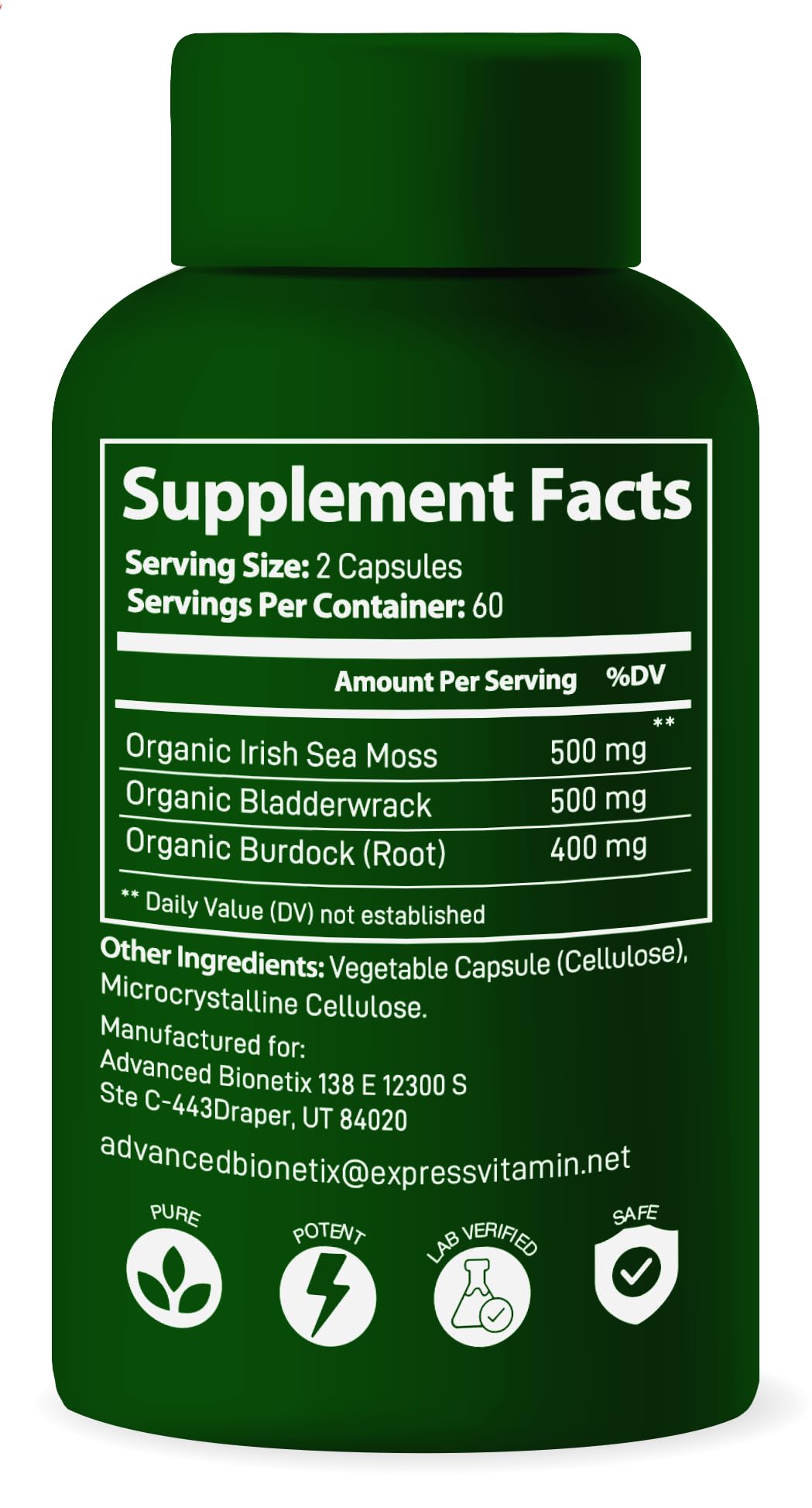 Advanced Bionetix Organic Irish Sea Moss with Bladderwrack & Burdock Root, 120 Capsules