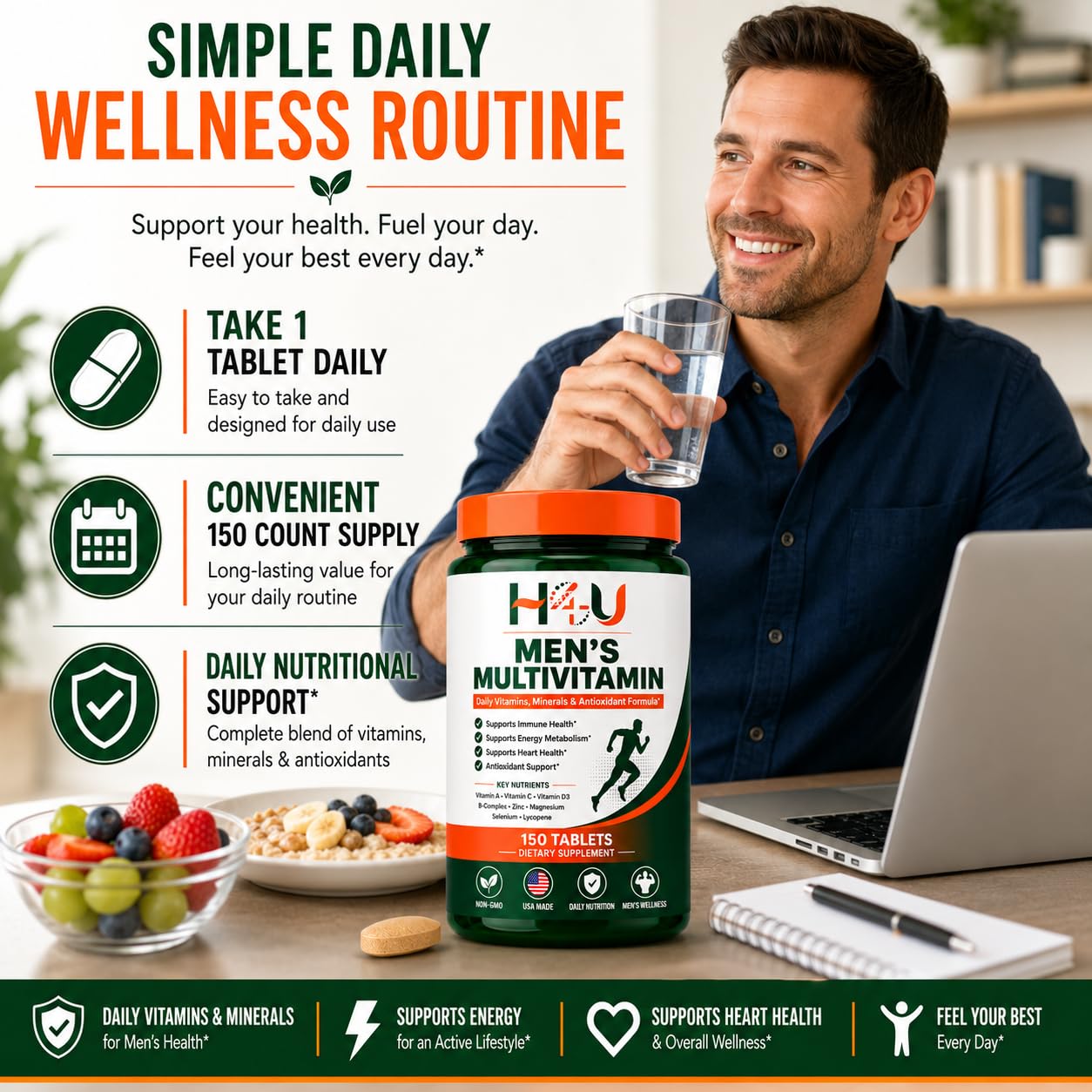 H4U Men's Multivitamin Tablets, 150 Count