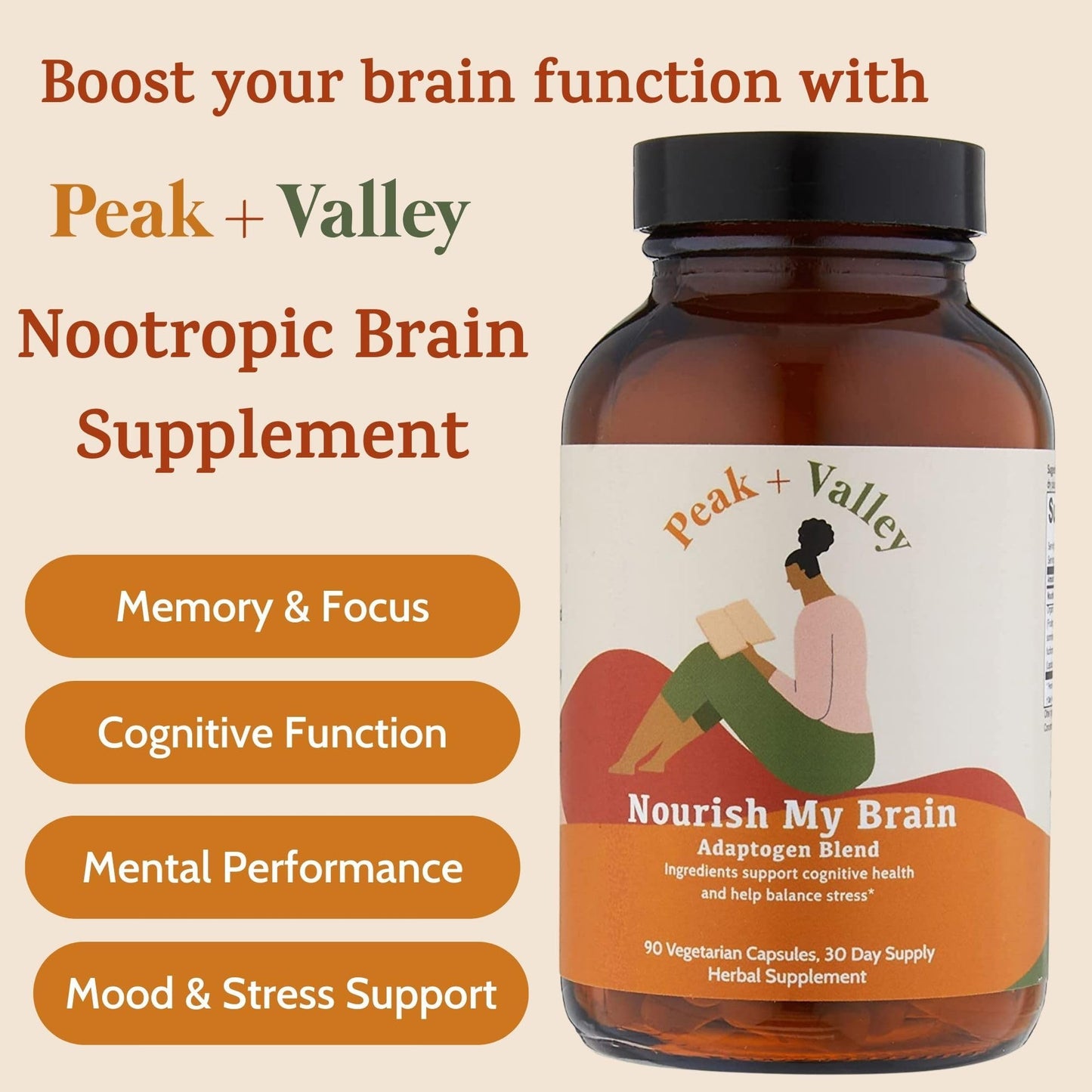 Peak + Valley Nootropic Brain Support Supplement for Memory & Focus with Lion's Mane Mushroom & Ashwagandha Capsules, 60 Count